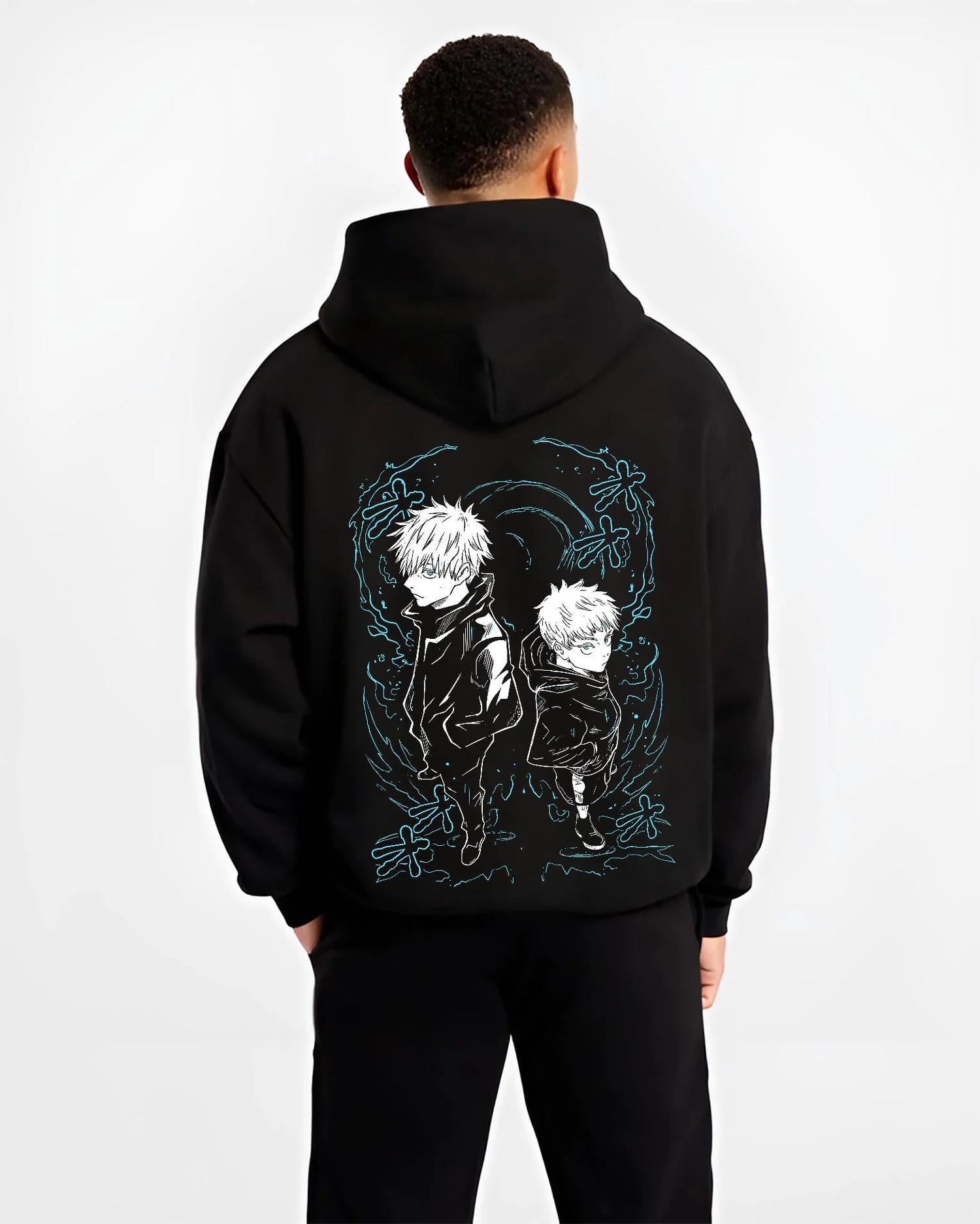 Black hoodie worn by male model, back view with Jujutsu Kaisen Hoodie Yuji and Megumi Logo Jumper graphic premium wear.
