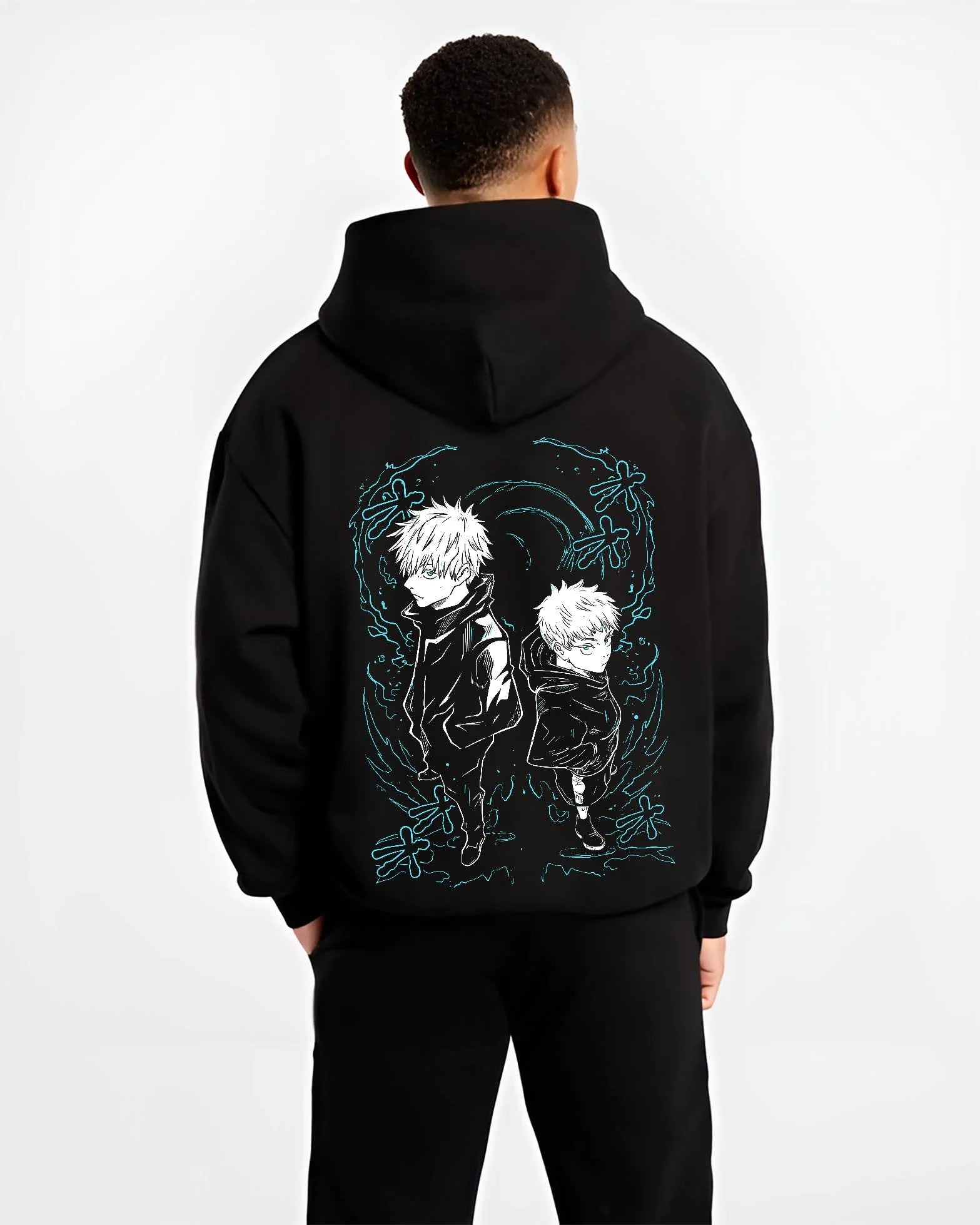 Black hoodie worn by male model, back view with Jujutsu Kaisen Hoodie Yuji and Megumi Logo Jumper graphic premium wear.