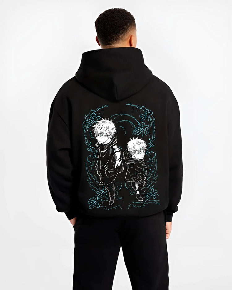 Black hoodie worn by male model, back view with Jujutsu Kaisen Hoodie Yuji and Megumi Logo Jumper graphic premium wear.