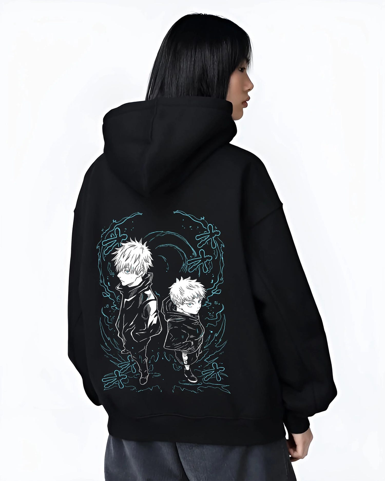 Black hoodie worn by female model, back view with Jujutsu Kaisen Hoodie Yuji and Megumi Logo Jumper graphic bold anime graphic.