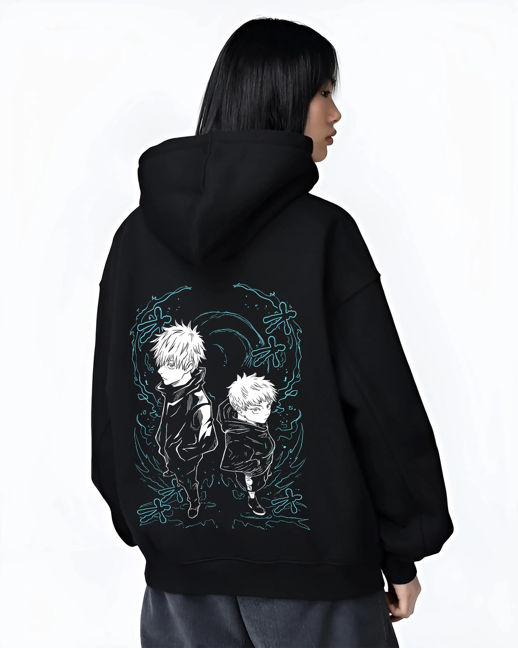 Black hoodie worn by female model, back view with Jujutsu Kaisen Hoodie Yuji and Megumi Logo Jumper graphic bold anime graphic.