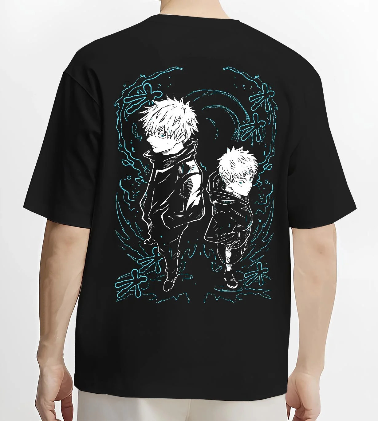 Black T-shirt worn by male model, back view with Jujutsu Kaisen Hoodie Yuji and Megumi Logo Jumper graphic streetwear graphic.