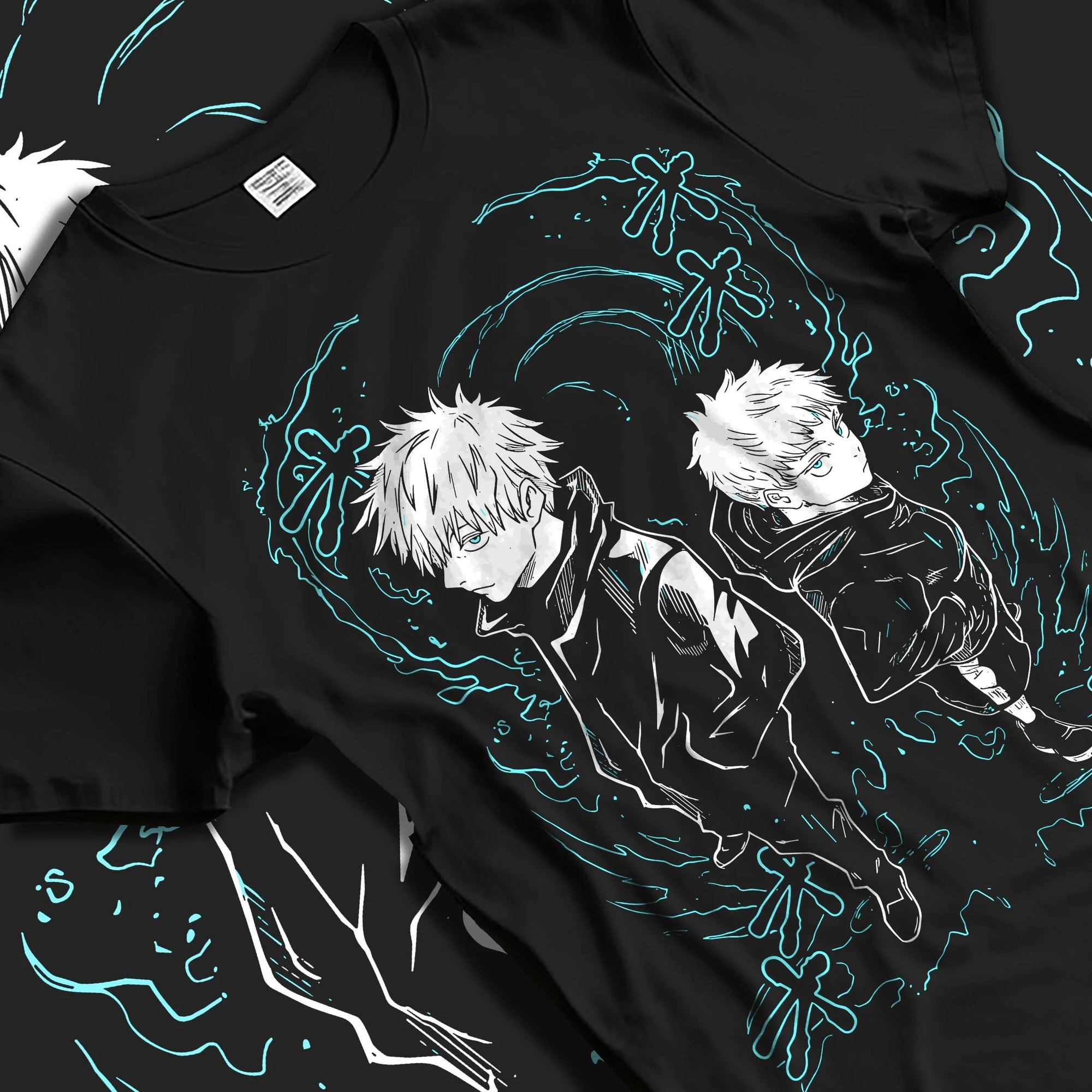 Black T-shirt laid flat with natural folds with Jujutsu Kaisen Hoodie Yuji and Megumi Logo Jumper graphic bold anime graphic.