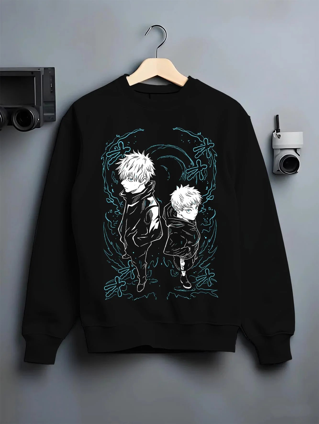 Black crewneck sweatshirt on hanger with Jujutsu Kaisen Hoodie Yuji and Megumi Logo Jumper graphic premium wear.