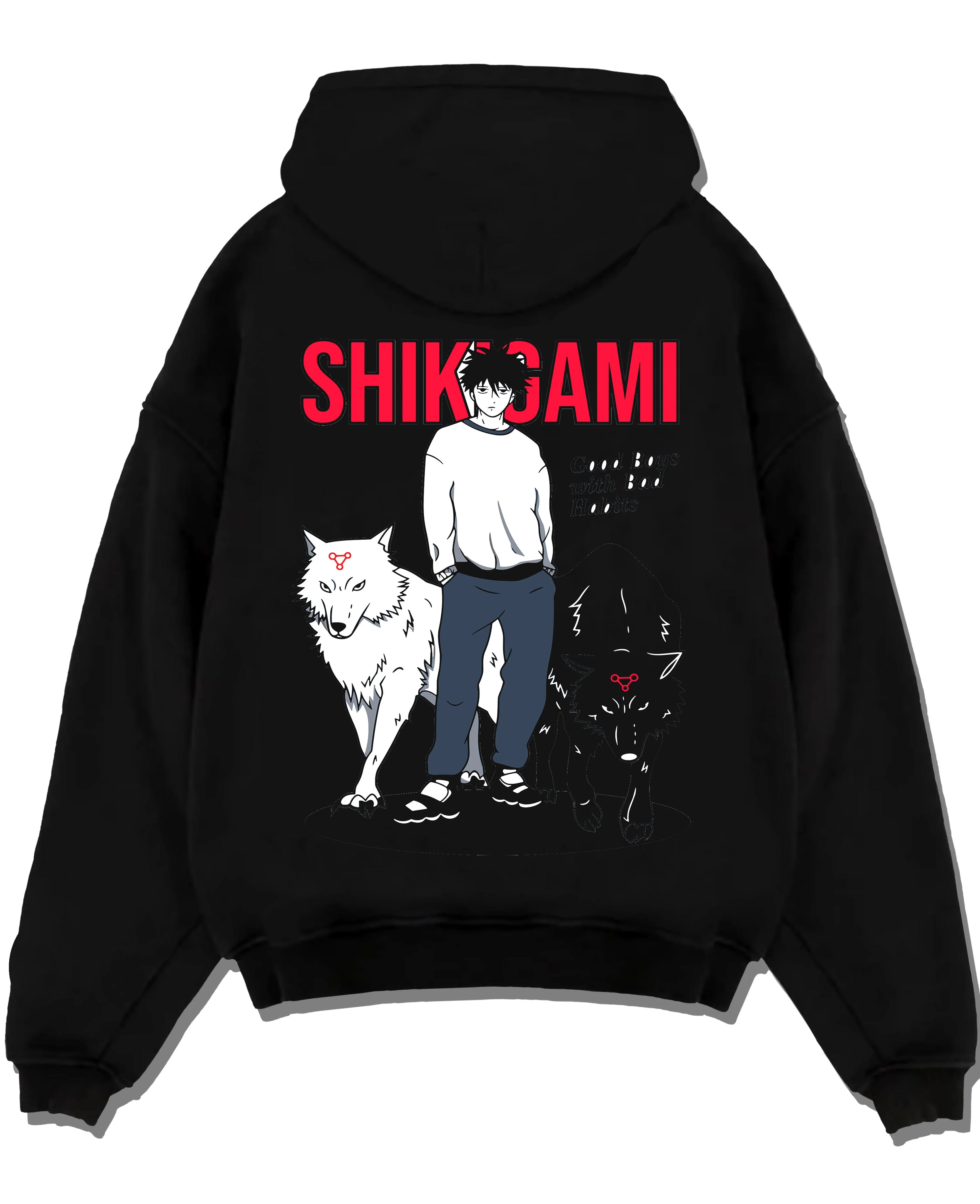 Black pullover hoodie laid flat with Jujutsu Kaisen Hoodie Shikigami User Summon Jumper graphic premium wear.