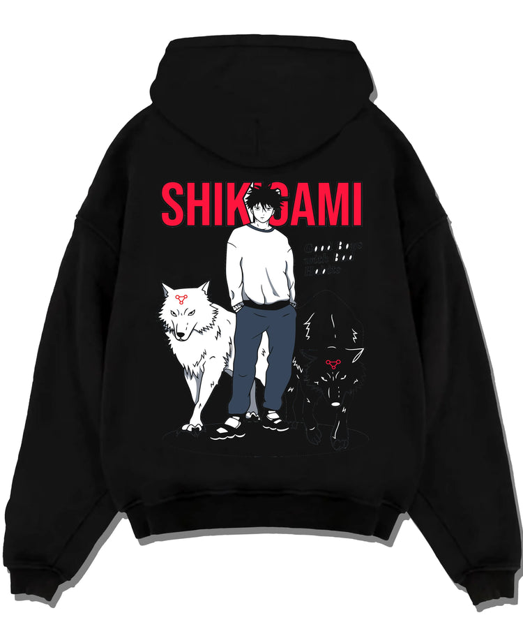 Black pullover hoodie laid flat with Jujutsu Kaisen Hoodie Shikigami User Summon Jumper graphic premium wear.