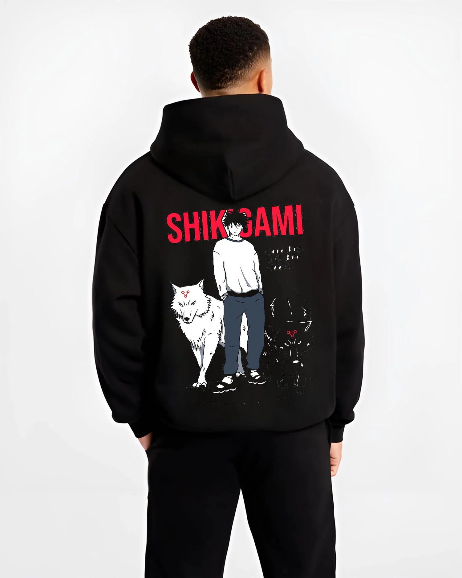 Black hoodie worn by male model, back view with Jujutsu Kaisen Hoodie Shikigami User Summon Jumper graphic premium wear.