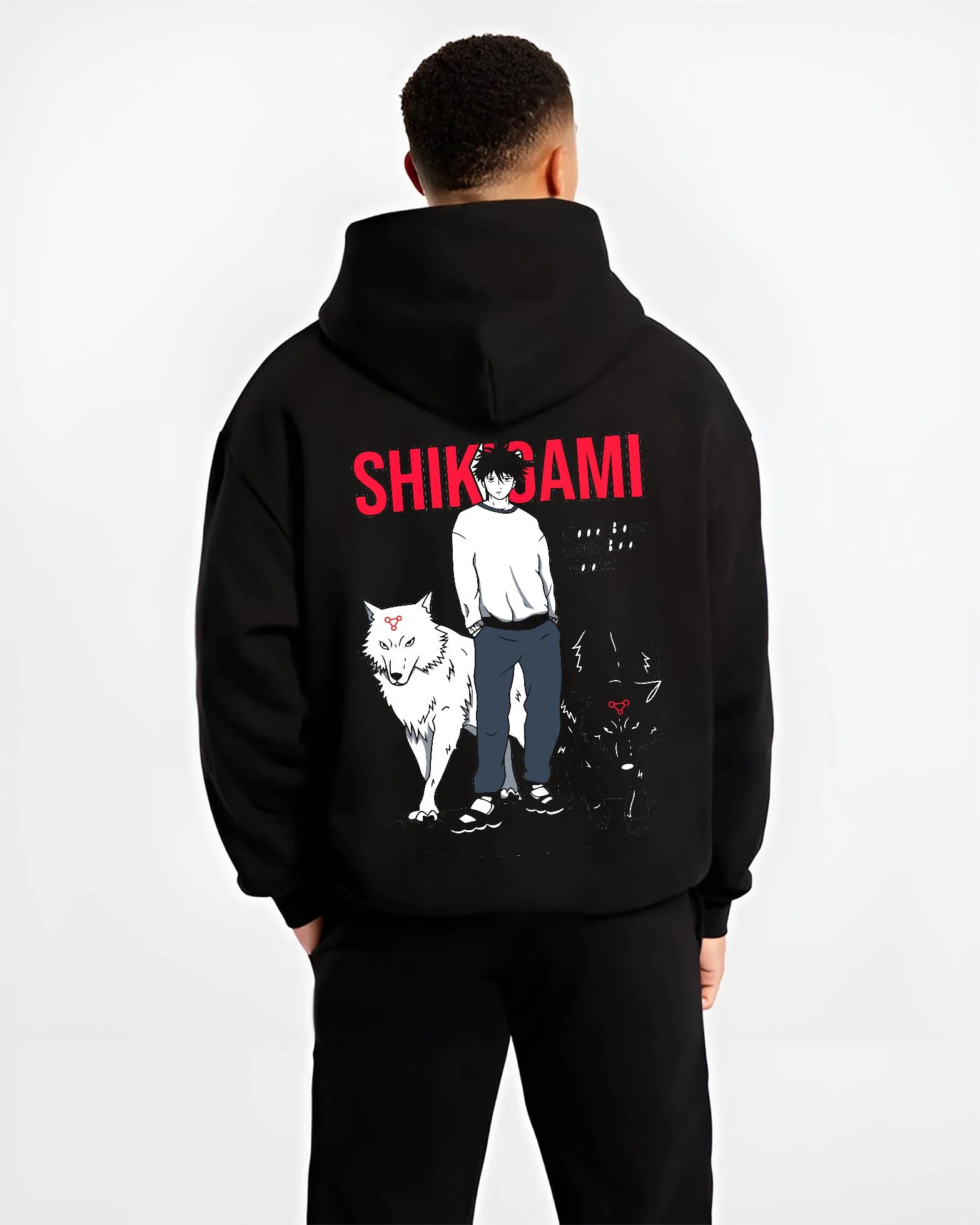 Black hoodie worn by male model, back view with Jujutsu Kaisen Hoodie Shikigami User Summon Jumper graphic premium wear.