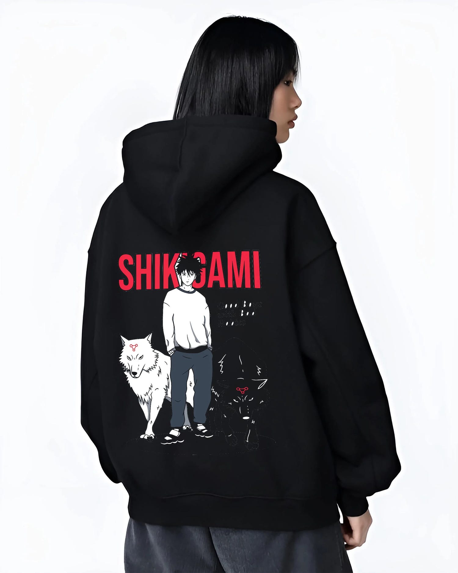 Black hoodie worn by female model, back view with Jujutsu Kaisen Hoodie Shikigami User Summon Jumper graphic premium wear.