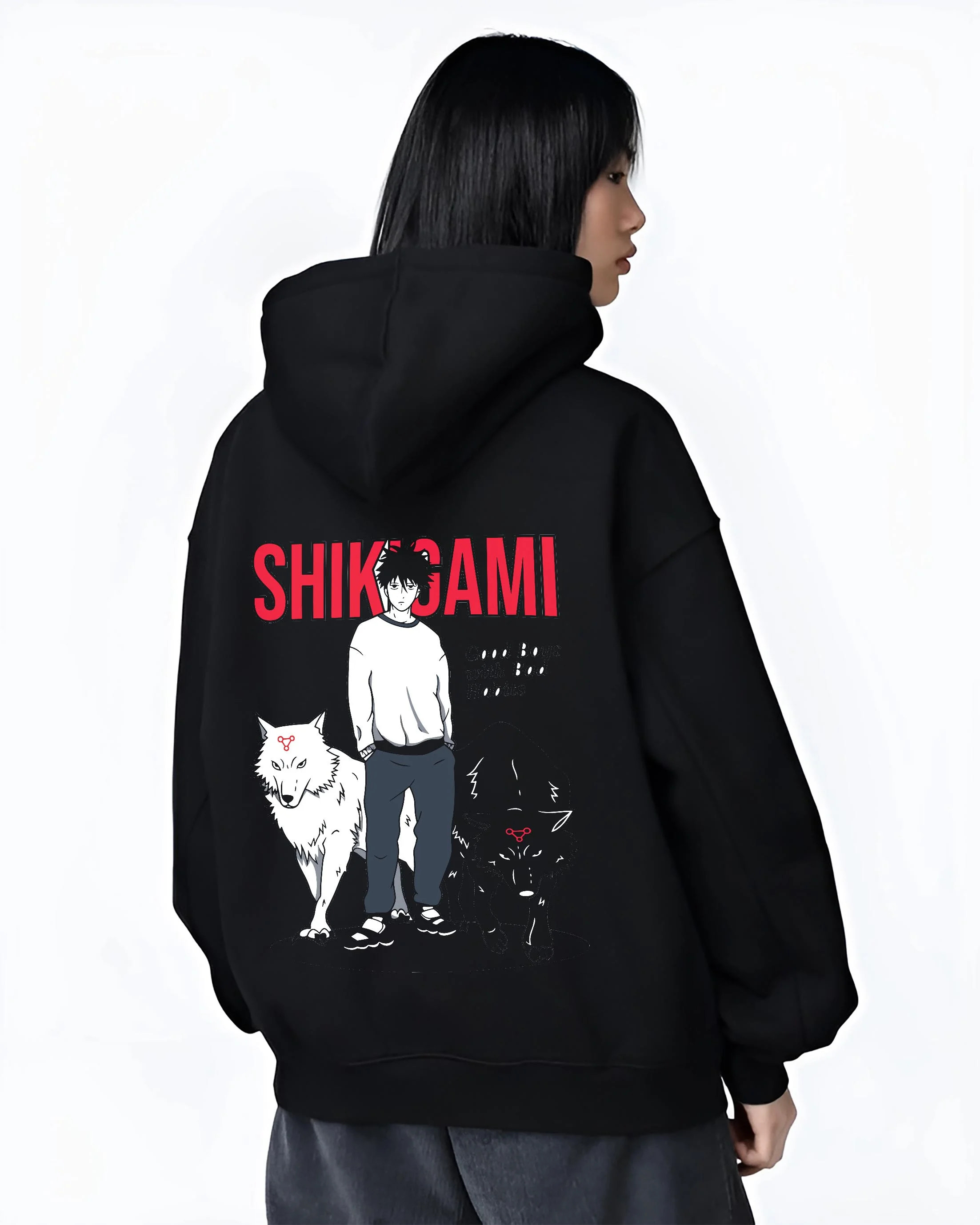 Black hoodie worn by female model, back view with Jujutsu Kaisen Hoodie Shikigami User Summon Jumper graphic premium wear.