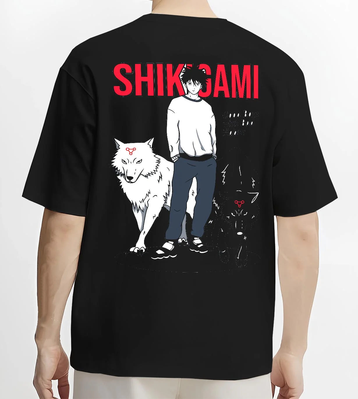Black T-shirt worn by male model, back view with Jujutsu Kaisen Hoodie Shikigami User Summon Jumper graphic premium wear.