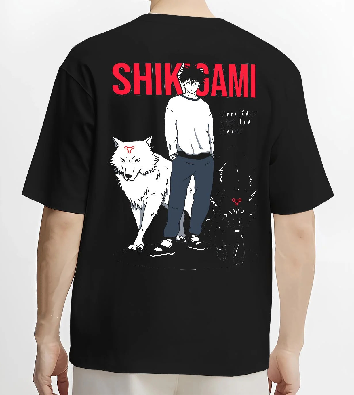Black T-shirt worn by male model, back view with Jujutsu Kaisen Hoodie Shikigami User Summon Jumper graphic premium wear.