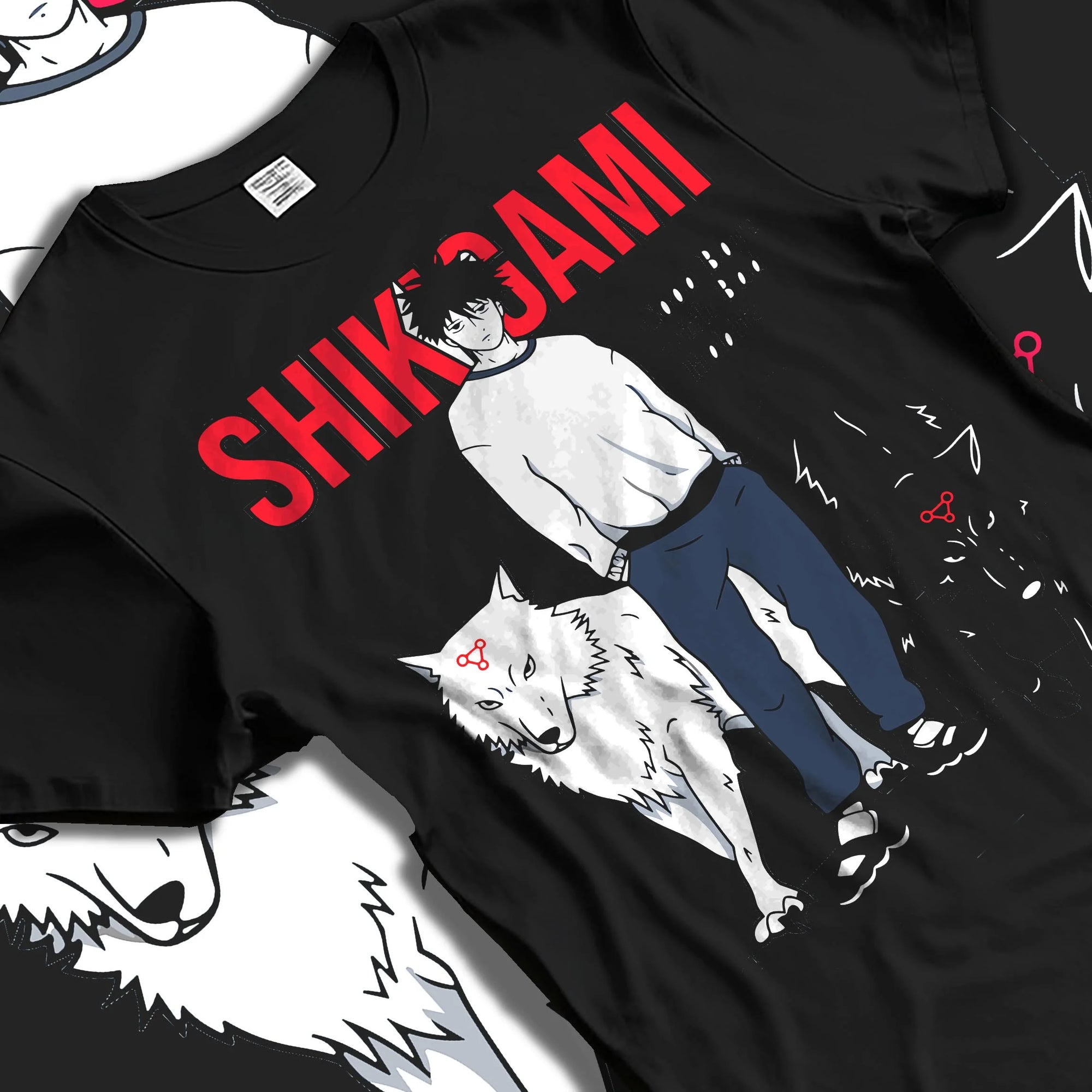Black T-shirt laid flat with natural folds with Jujutsu Kaisen Hoodie Shikigami User Summon Jumper graphic premium wear.