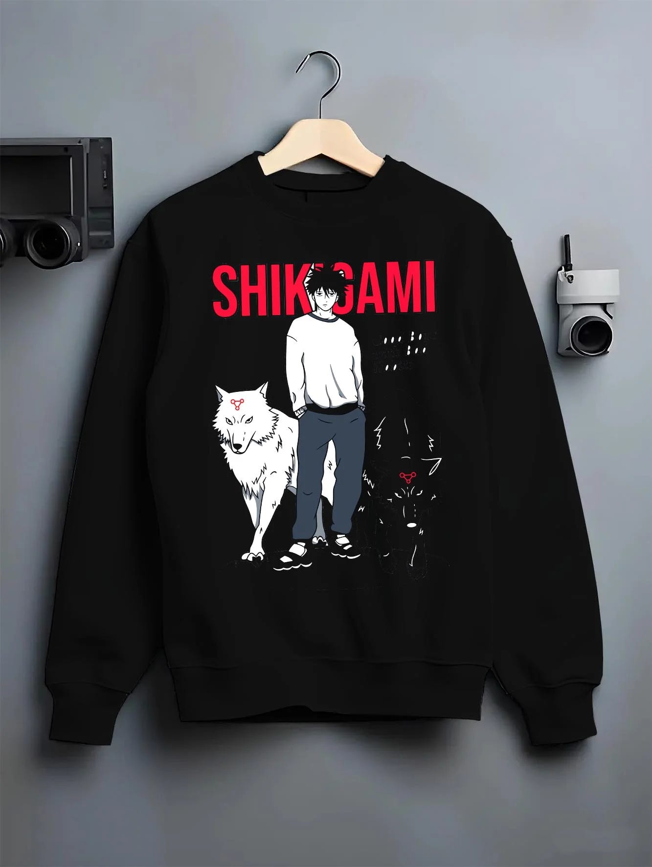 Black crewneck sweatshirt on hanger with Jujutsu Kaisen Hoodie Shikigami User Summon Jumper graphic premium wear.