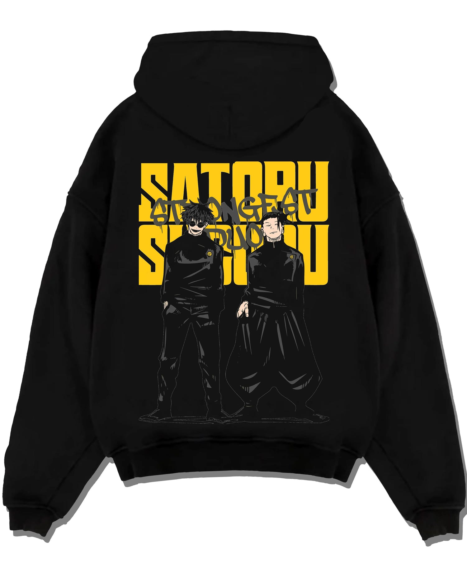 Black pullover hoodie laid flat with Jujutsu Kaisen Hoodie Satoru Gojo Twin Pose Jumper graphic bold anime graphic.