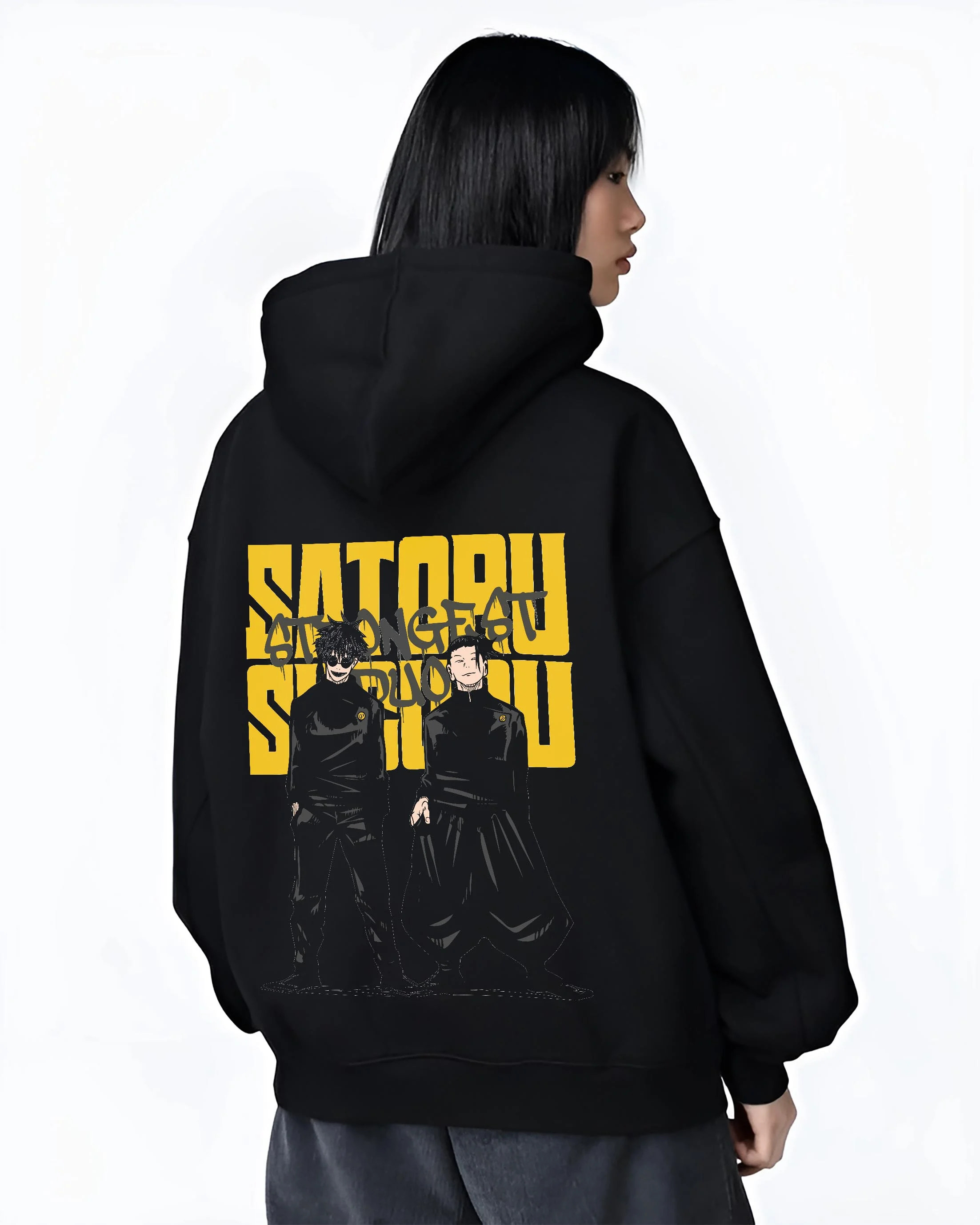 Black hoodie worn by female model, back view with Jujutsu Kaisen Hoodie Satoru Gojo Twin Pose Jumper graphic premium wear.