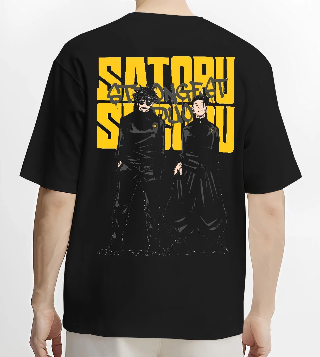 Black T-shirt worn by male model, back view with Jujutsu Kaisen Hoodie Satoru Gojo Twin Pose Jumper graphic streetwear graphic.