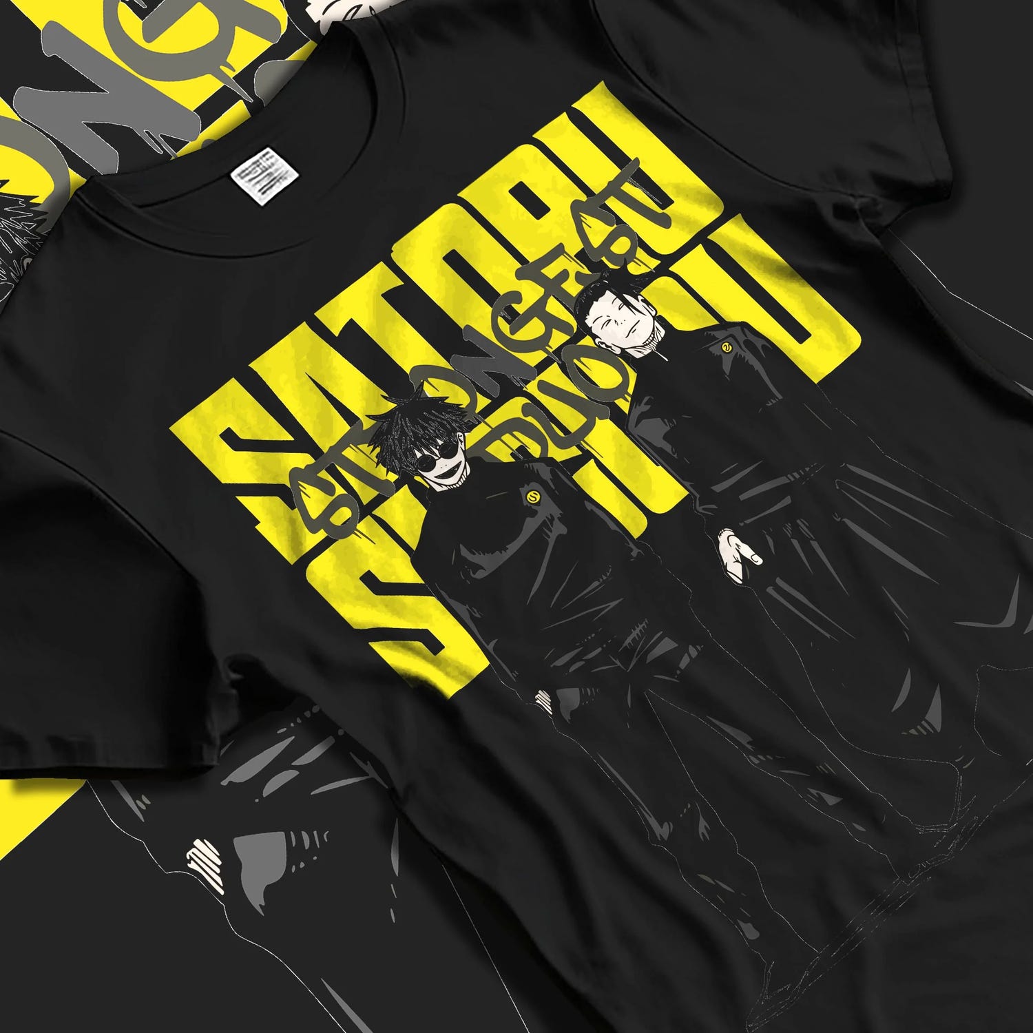 Black T-shirt laid flat with natural folds with Jujutsu Kaisen Hoodie Satoru Gojo Twin Pose Jumper graphic streetwear graphic.