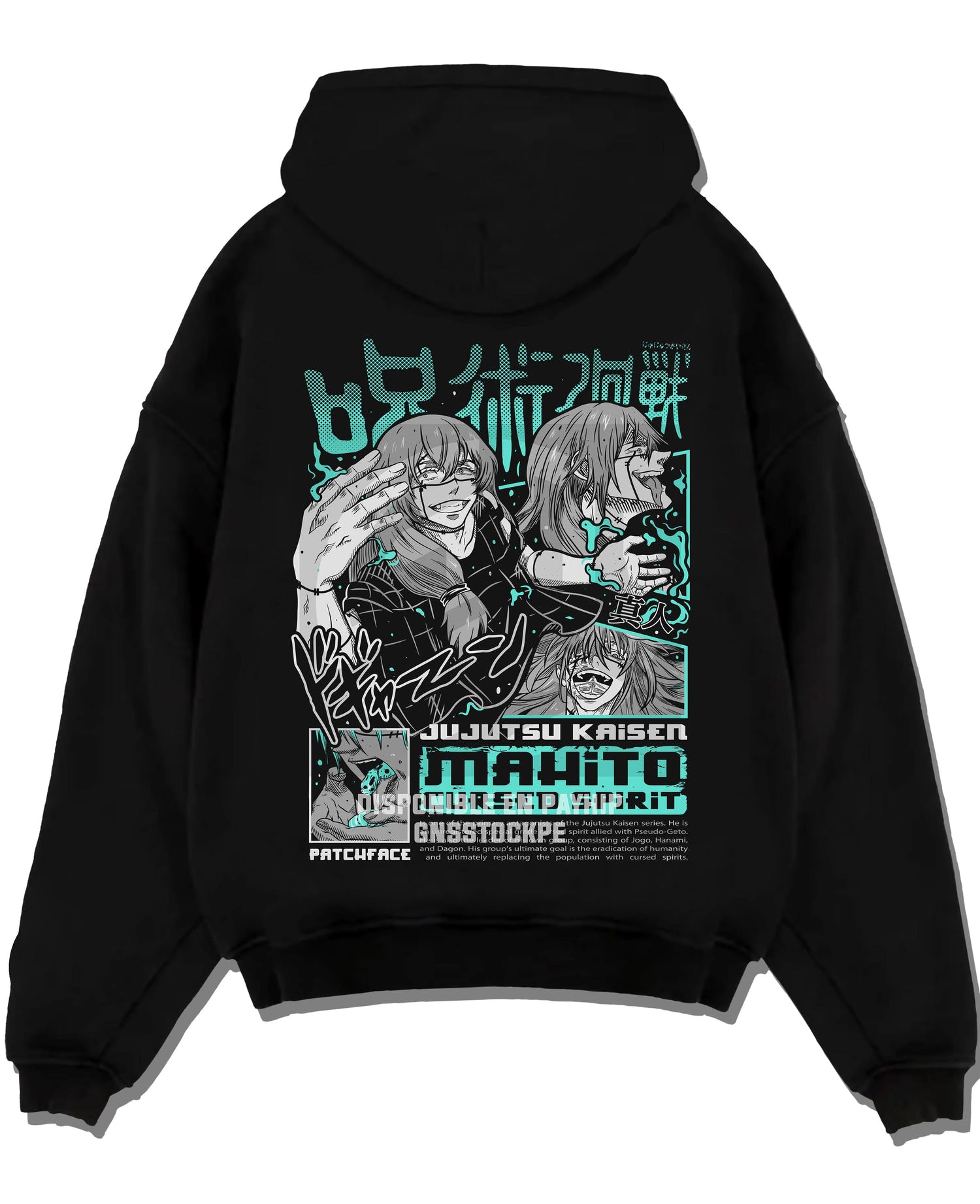 Black pullover hoodie laid flat with Jujutsu Kaisen Hoodie Mahito Cursed Spirit Jumper graphic premium wear.