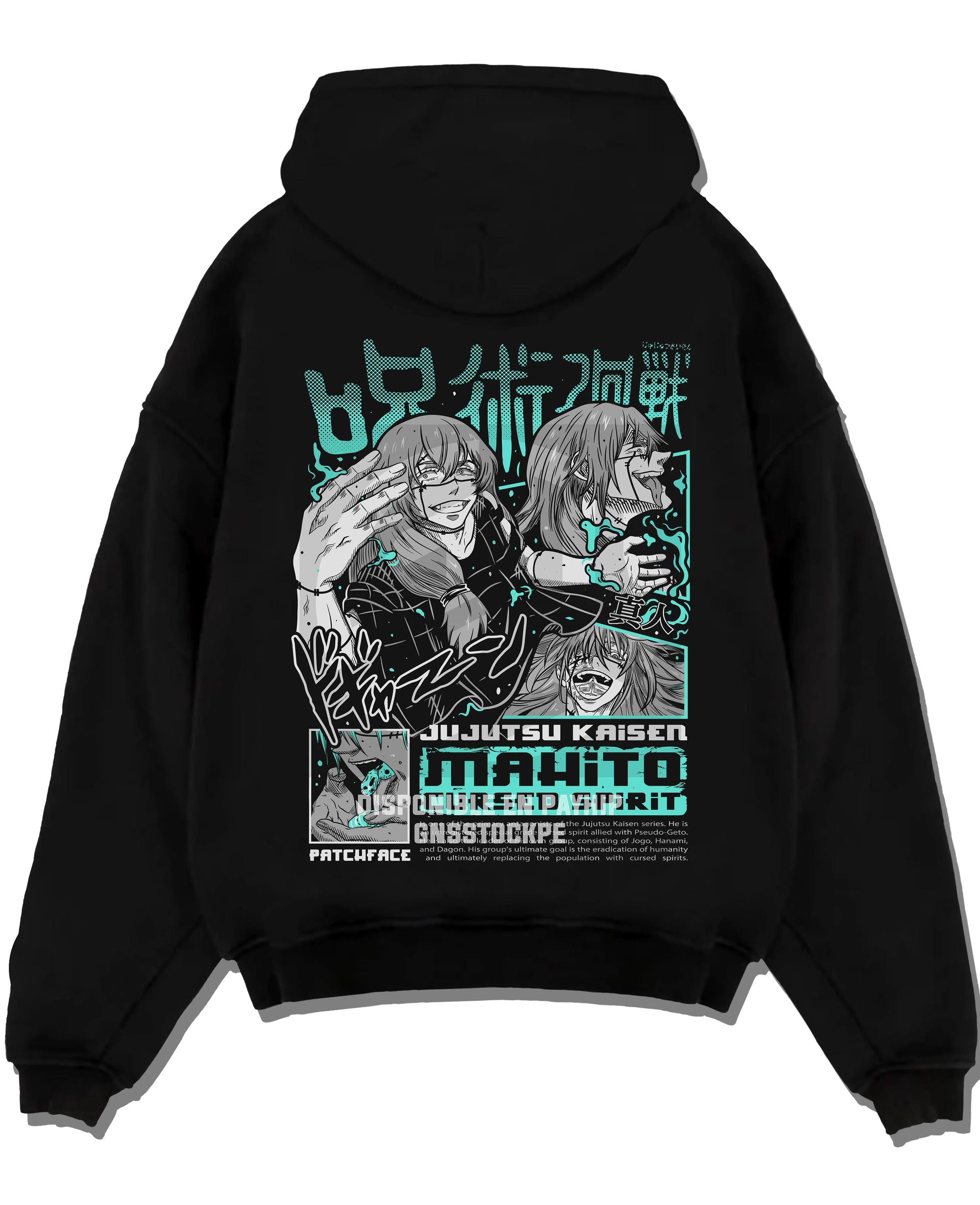 Black pullover hoodie laid flat with Jujutsu Kaisen Hoodie Mahito Cursed Spirit Jumper graphic premium wear.