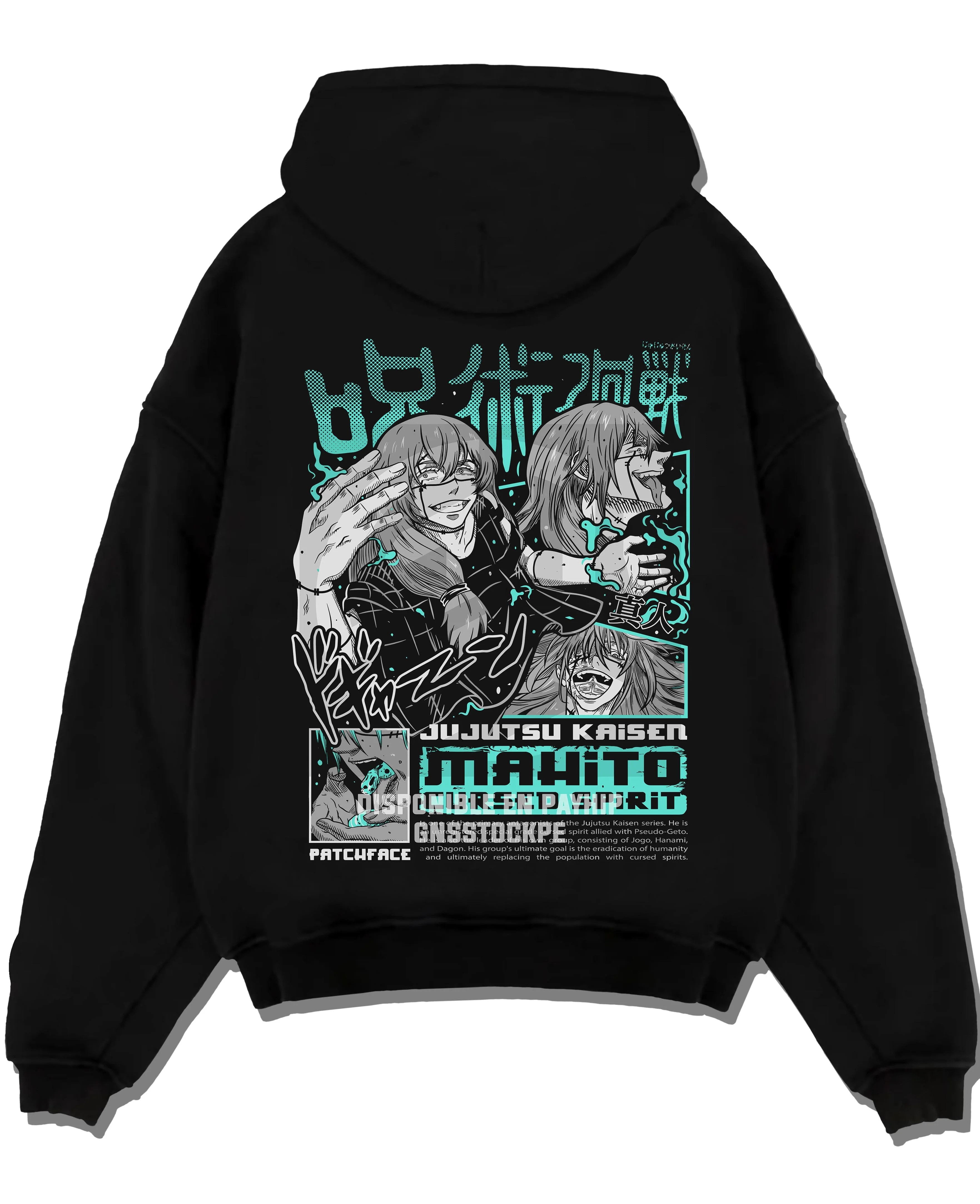 Black pullover hoodie laid flat with Jujutsu Kaisen Hoodie Mahito Cursed Spirit Jumper graphic premium wear.