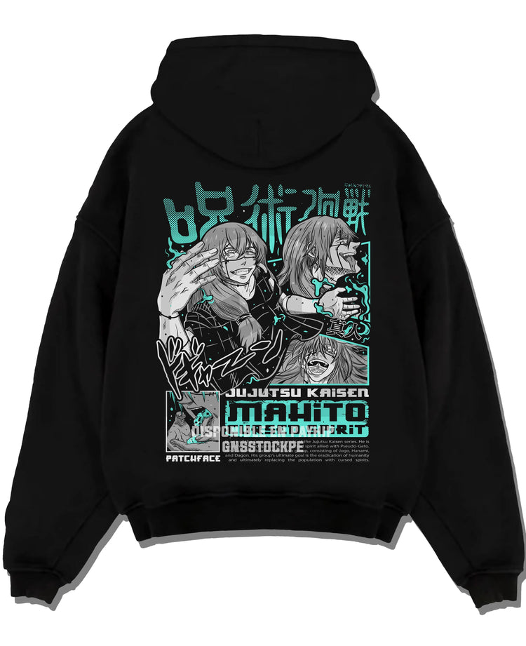 Black pullover hoodie laid flat with Jujutsu Kaisen Hoodie Mahito Cursed Spirit Jumper graphic premium wear.