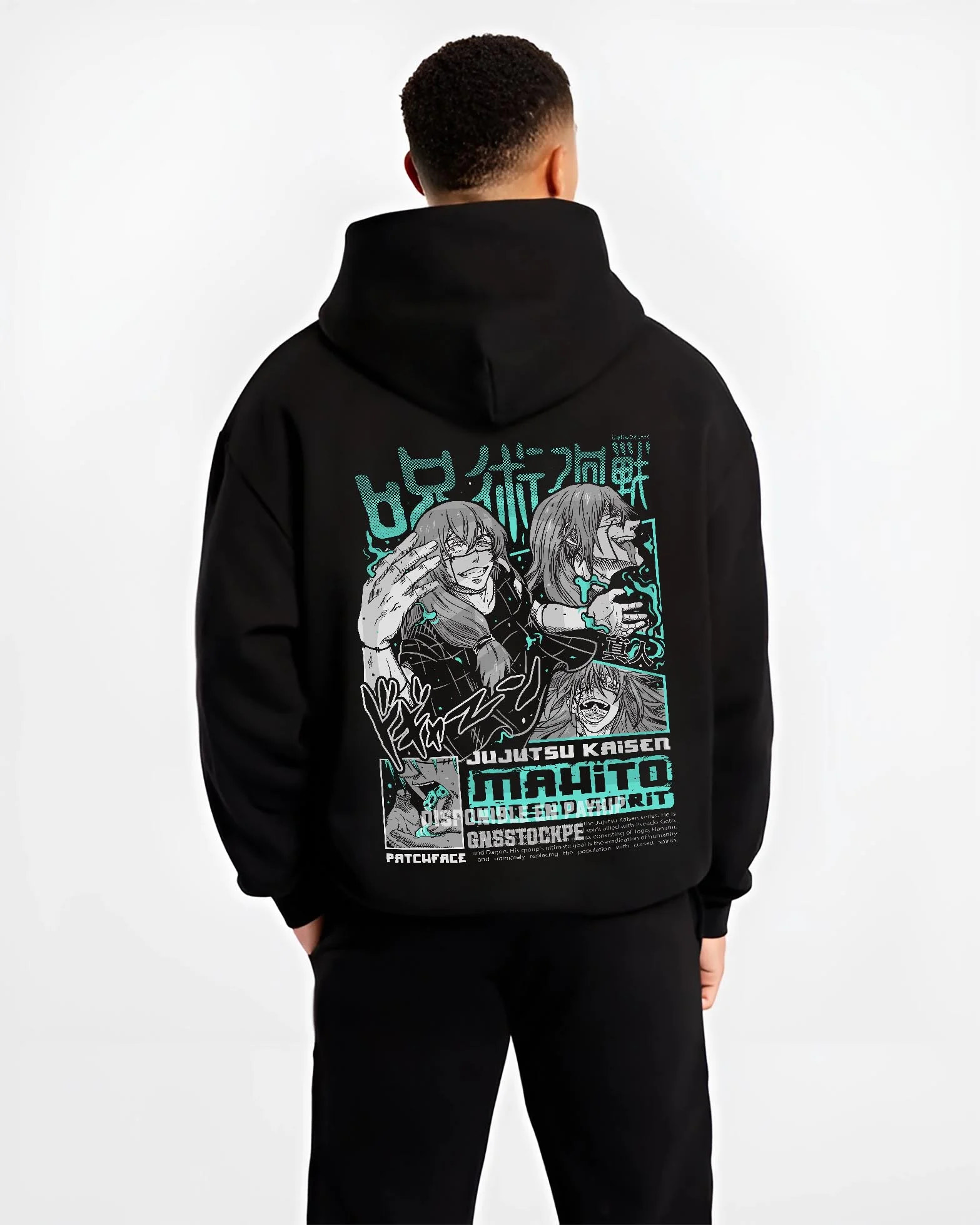 Black hoodie worn by male model, back view with Jujutsu Kaisen Hoodie Mahito Cursed Spirit Jumper graphic streetwear graphic.