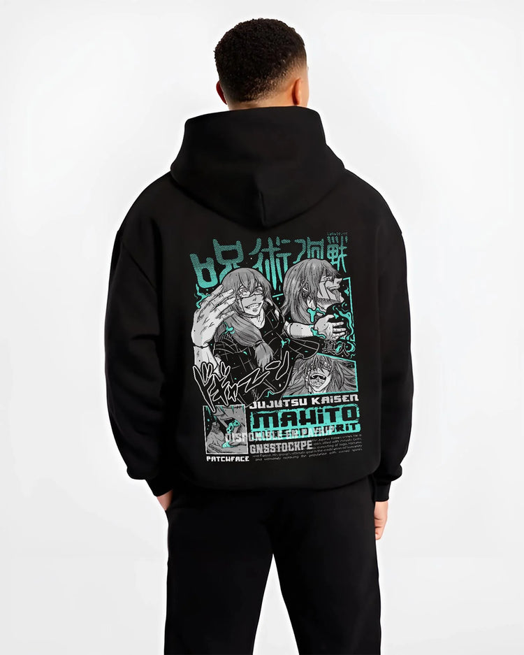 Black hoodie worn by male model, back view with Jujutsu Kaisen Hoodie Mahito Cursed Spirit Jumper graphic streetwear graphic.