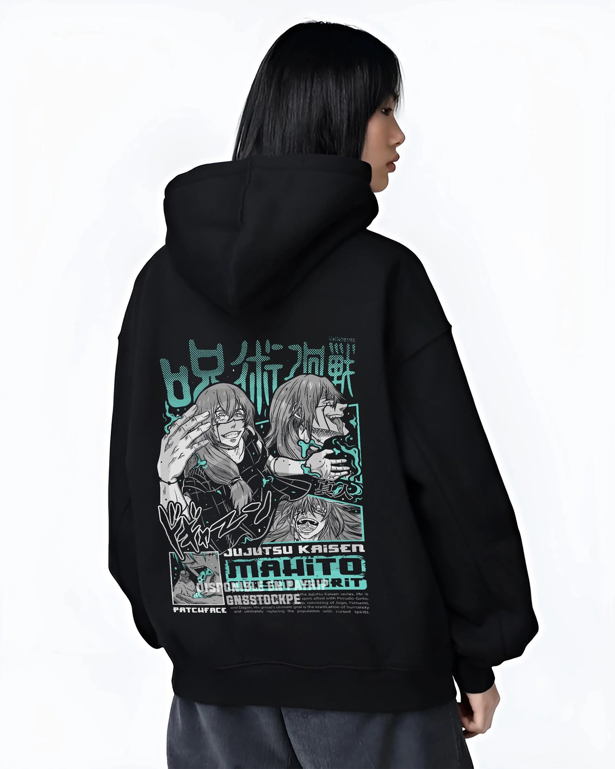 Black hoodie worn by female model, back view with Jujutsu Kaisen Hoodie Mahito Cursed Spirit Jumper graphic premium wear.