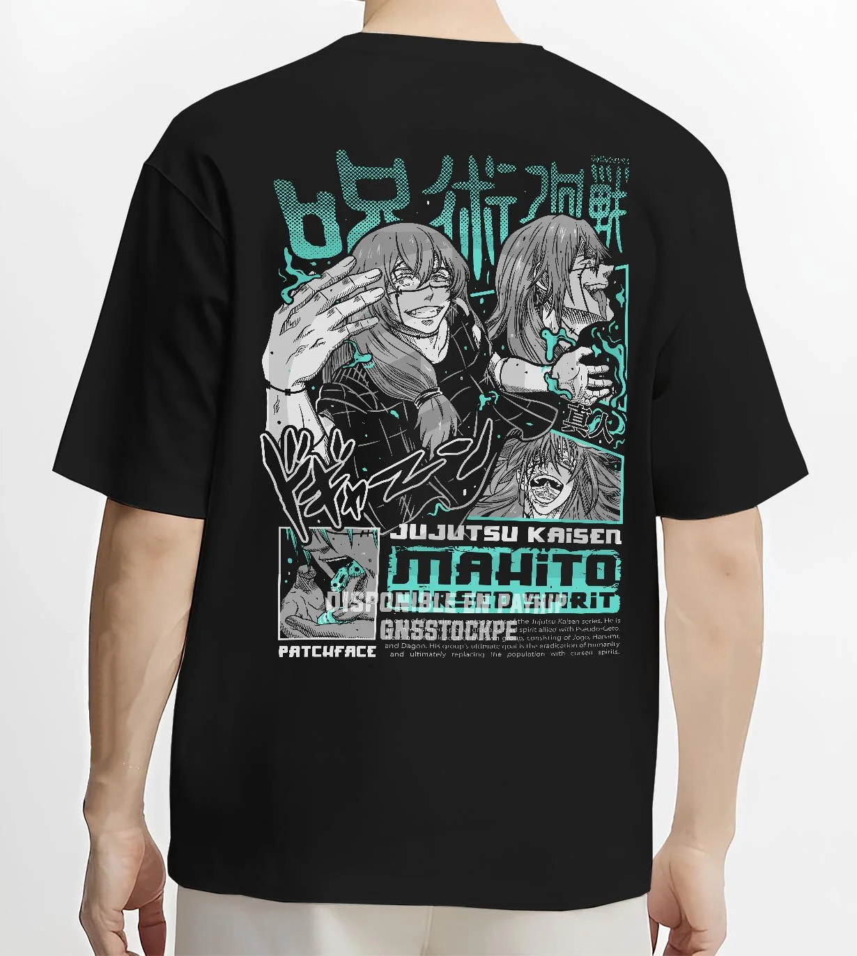 Black T-shirt worn by male model, back view with Jujutsu Kaisen Hoodie Mahito Cursed Spirit Jumper graphic bold anime graphic.