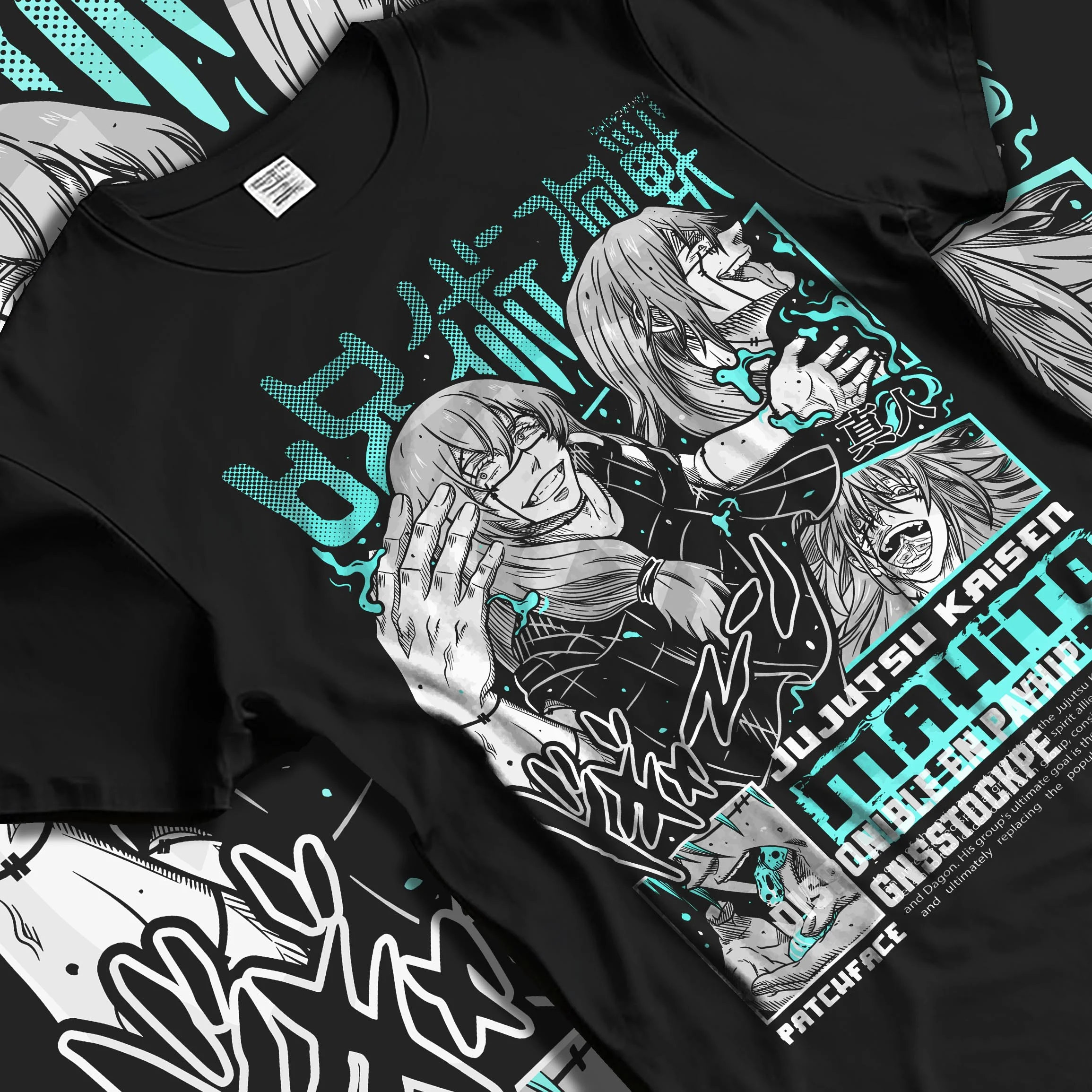 Black T-shirt laid flat with natural folds with Jujutsu Kaisen Hoodie Mahito Cursed Spirit Jumper graphic bold anime graphic.