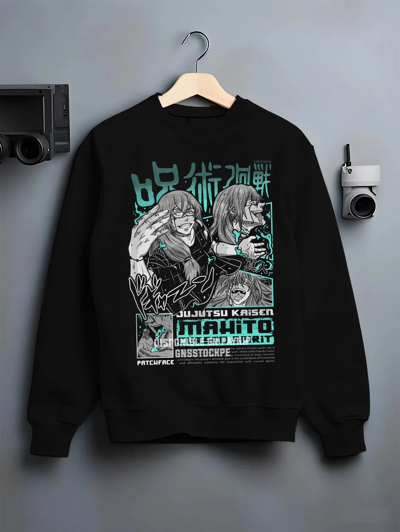 Black crewneck sweatshirt on hanger with Jujutsu Kaisen Hoodie Mahito Cursed Spirit Jumper graphic premium wear.