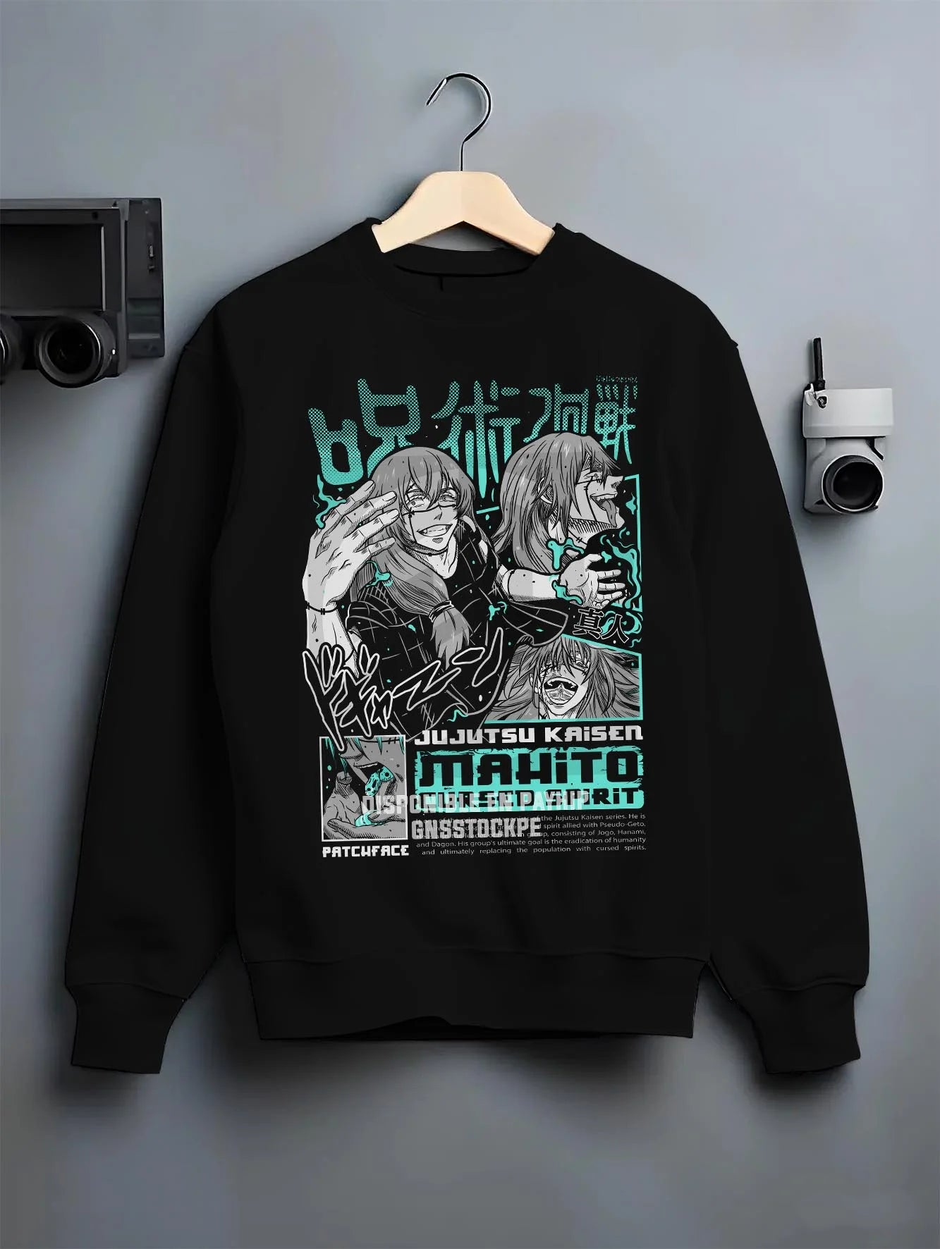 Black crewneck sweatshirt on hanger with Jujutsu Kaisen Hoodie Mahito Cursed Spirit Jumper graphic premium wear.