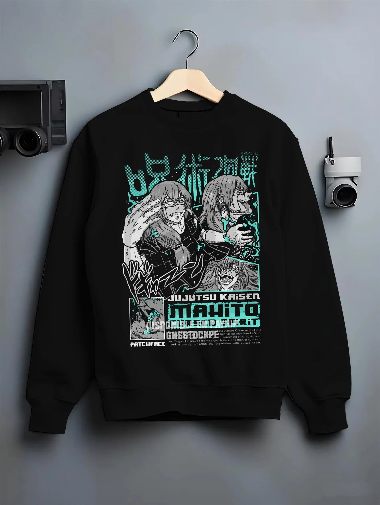 Black crewneck sweatshirt on hanger with Jujutsu Kaisen Hoodie Mahito Cursed Spirit Jumper graphic premium wear.