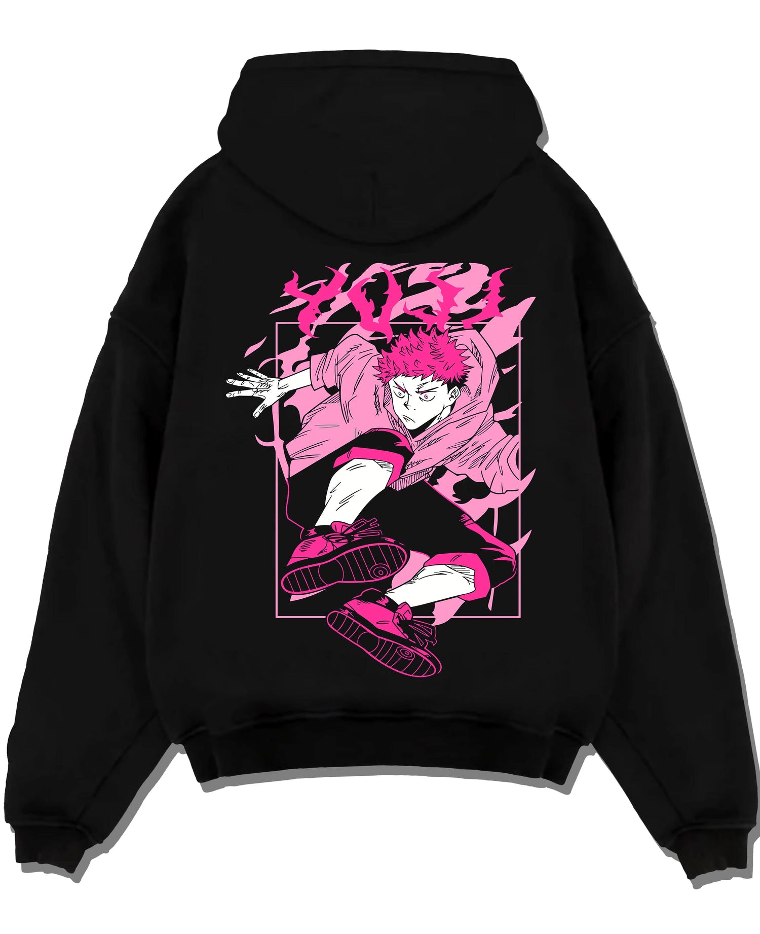 Black pullover hoodie laid flat with Jujutsu Kaisen Hoodie Yuji Itadori Dynamic Jump Jumper graphic premium wear.