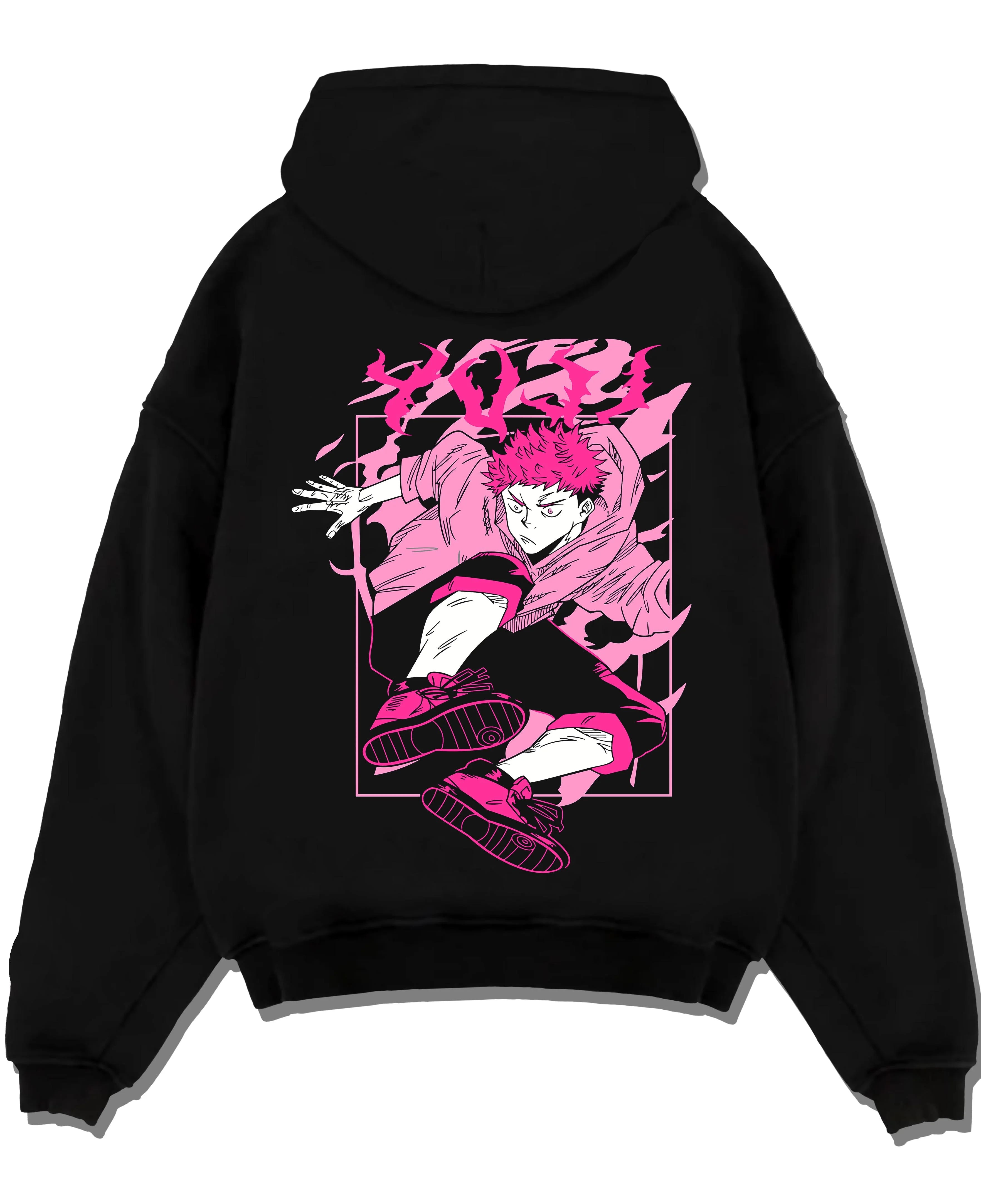 Black pullover hoodie laid flat with Jujutsu Kaisen Hoodie Yuji Itadori Dynamic Jump Jumper graphic premium wear.