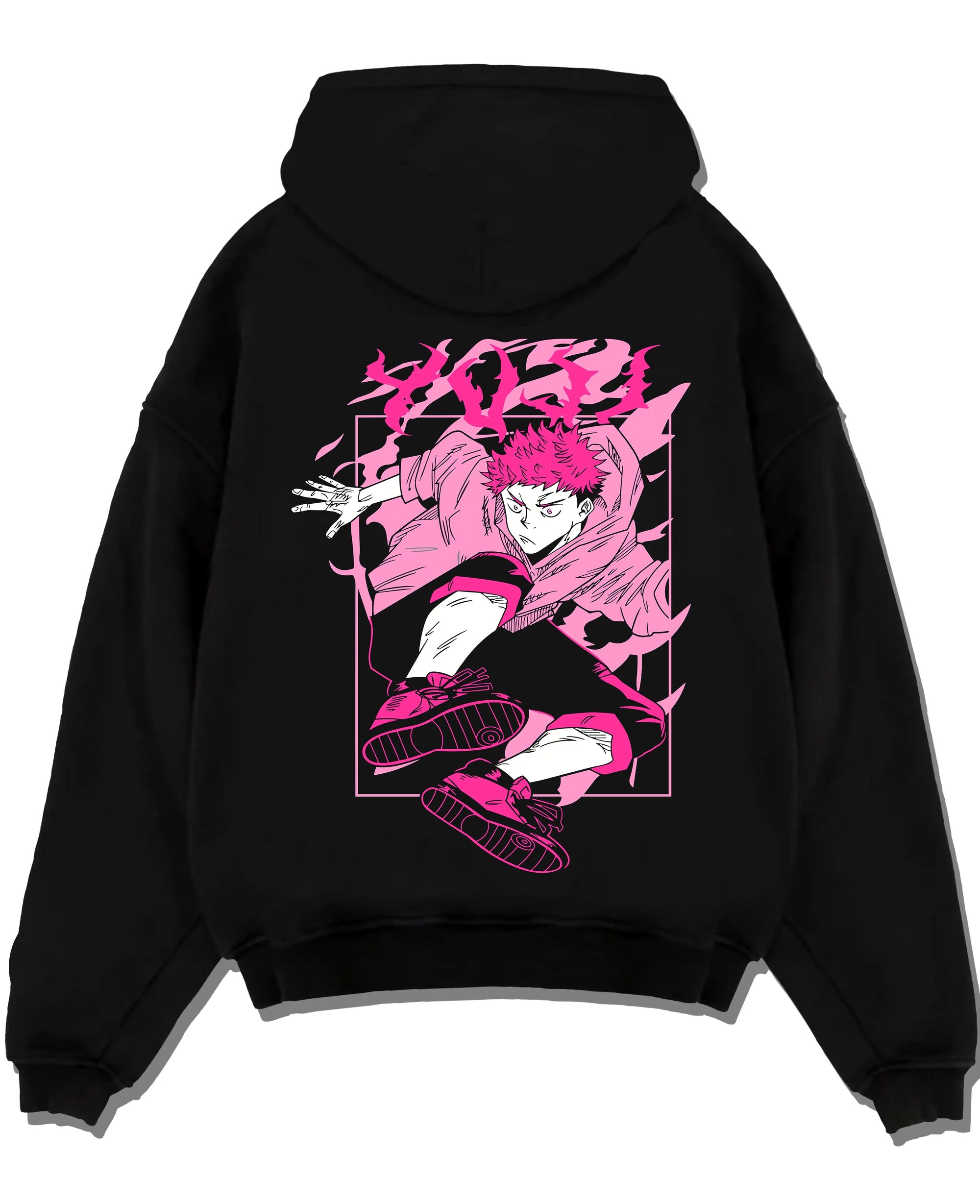 Black pullover hoodie laid flat with Jujutsu Kaisen Hoodie Yuji Itadori Dynamic Jump Jumper graphic premium wear.