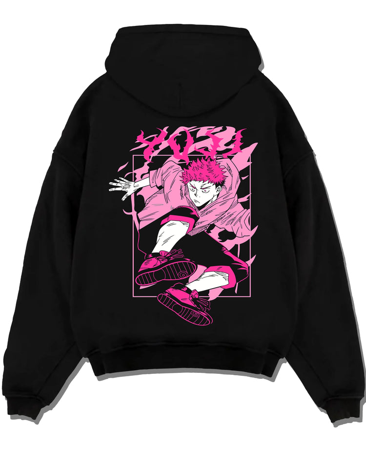Black pullover hoodie laid flat with Jujutsu Kaisen Hoodie Yuji Itadori Dynamic Jump Jumper graphic premium wear.