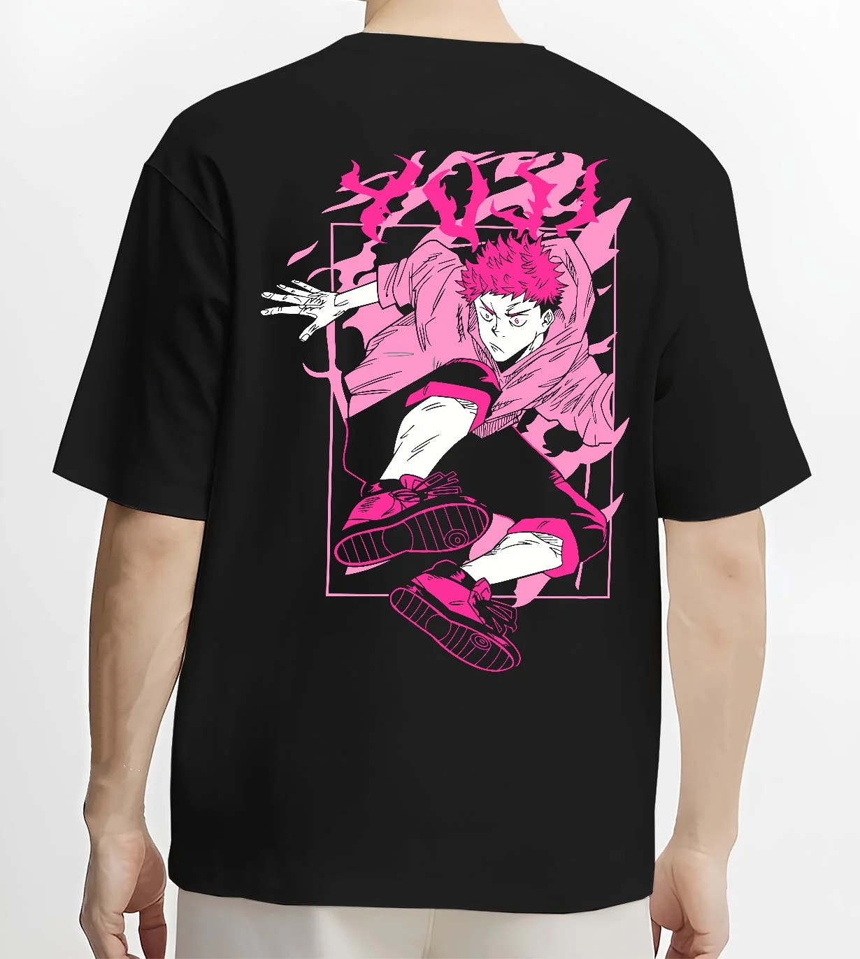 Black T-shirt worn by male model, back view with Jujutsu Kaisen Hoodie Yuji Itadori Dynamic Jump Jumper graphic bold anime graphic.