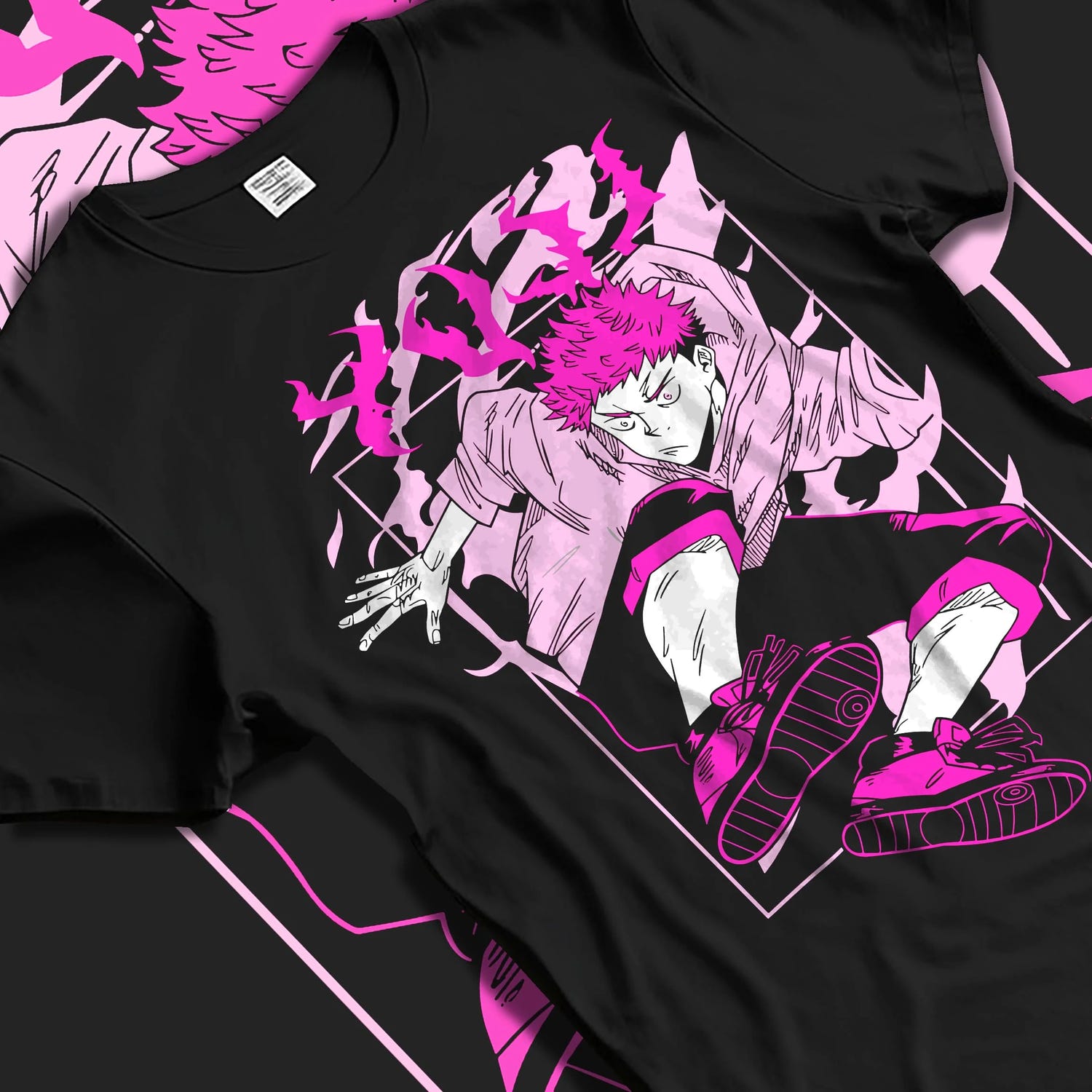 Black T-shirt laid flat with natural folds with Jujutsu Kaisen Hoodie Yuji Itadori Dynamic Jump Jumper graphic premium wear.