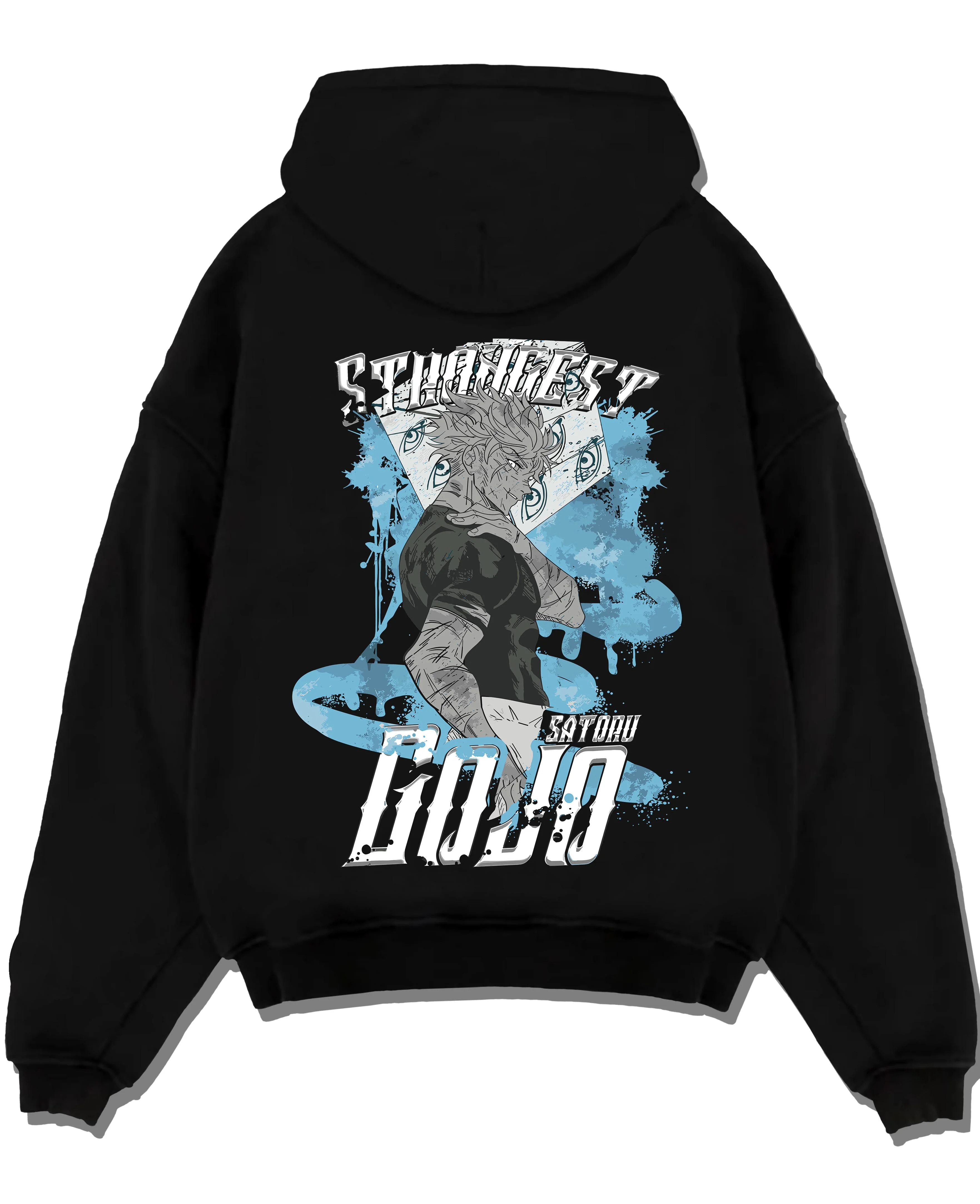 Black pullover hoodie laid flat with Jujutsu Kaisen Hoodie Satoru Gojo Strongest Sorcerer graphic streetwear graphic.