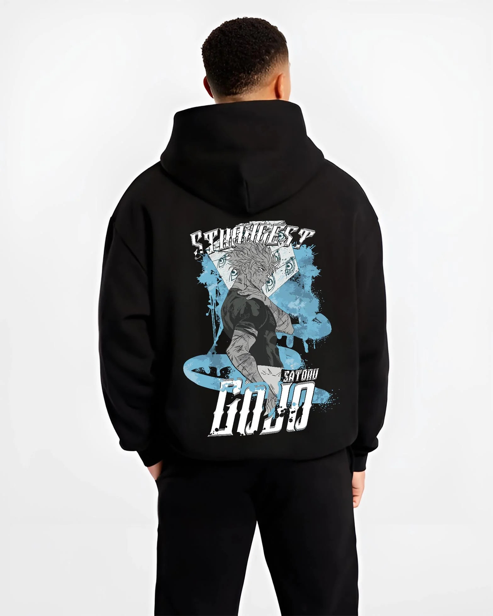 Black hoodie worn by male model, back view with Jujutsu Kaisen Hoodie Satoru Gojo Strongest Sorcerer graphic bold anime graphic.