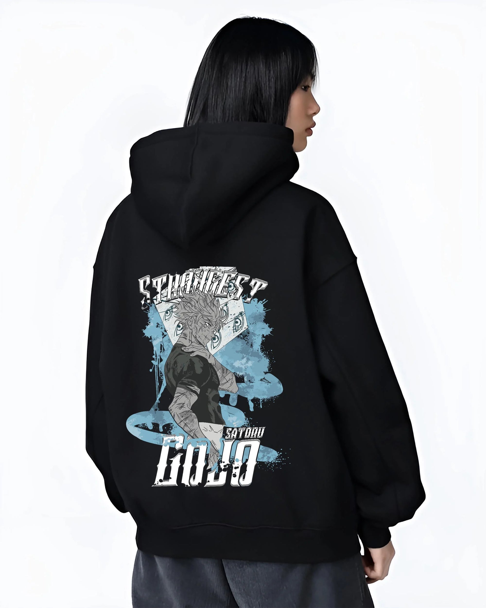 Black hoodie worn by female model, back view with Jujutsu Kaisen Hoodie Satoru Gojo Strongest Sorcerer graphic streetwear graphic.