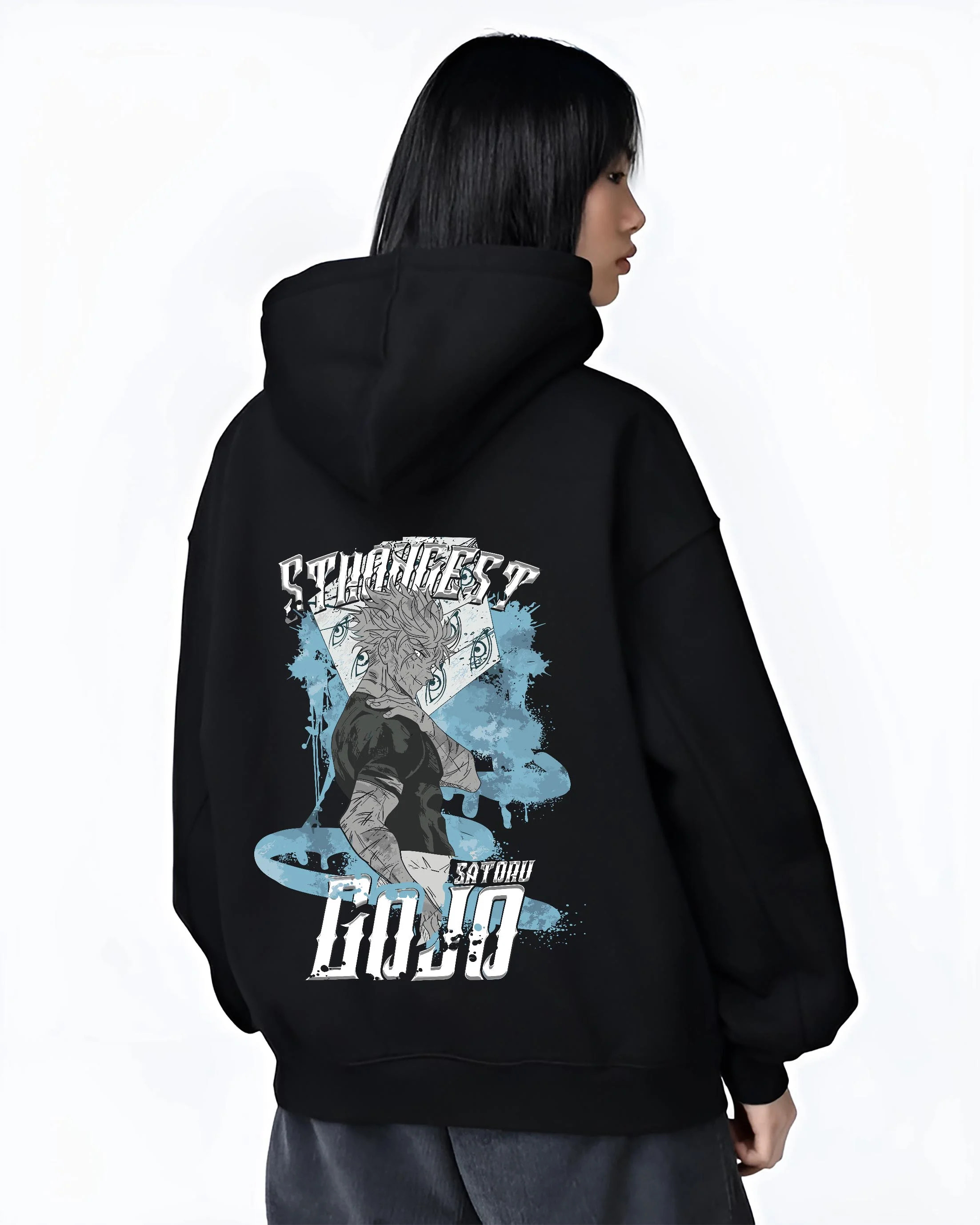 Black hoodie worn by female model, back view with Jujutsu Kaisen Hoodie Satoru Gojo Strongest Sorcerer graphic streetwear graphic.
