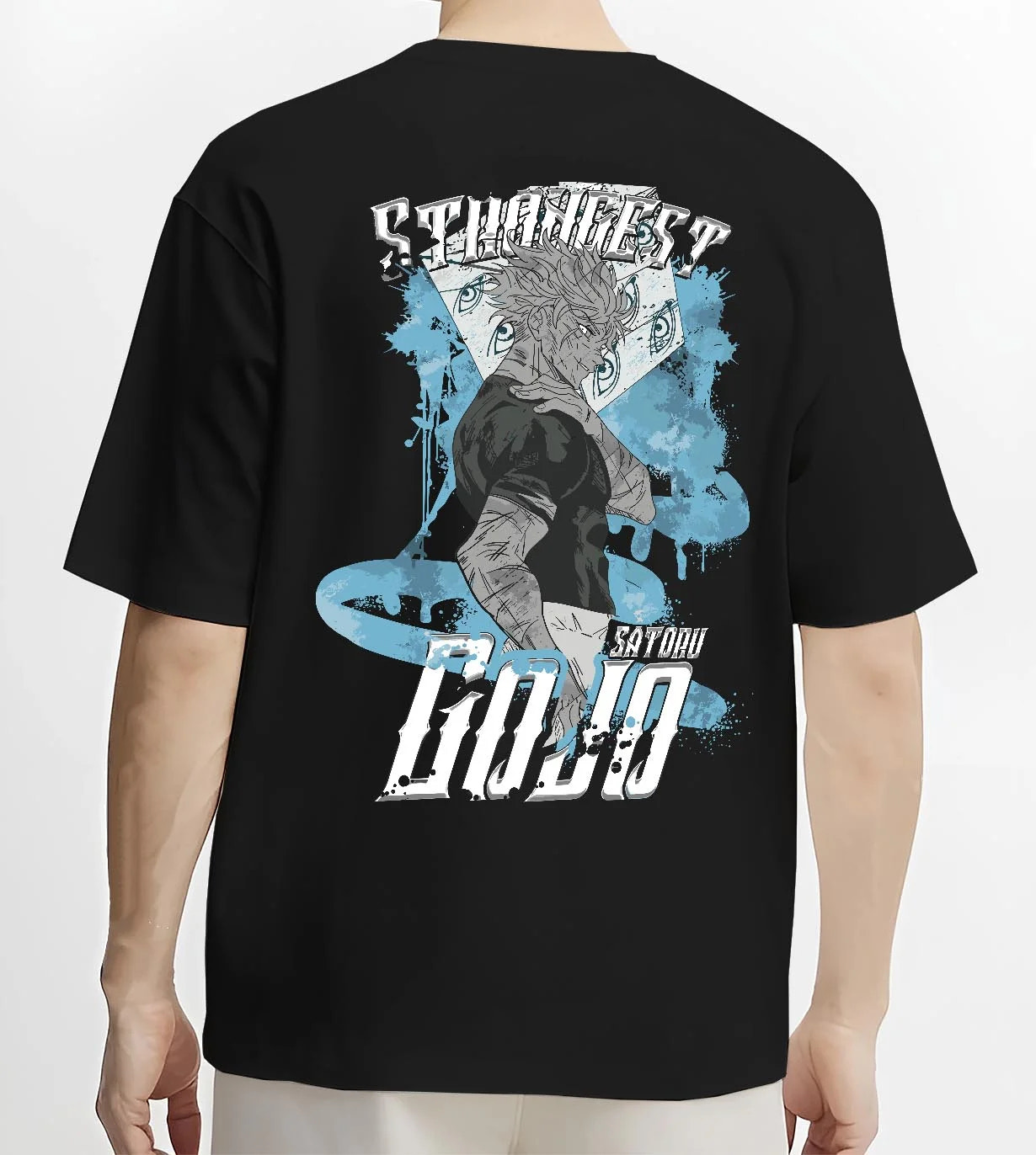 Black T-shirt worn by male model, back view with Jujutsu Kaisen Hoodie Satoru Gojo Strongest Sorcerer graphic streetwear graphic.