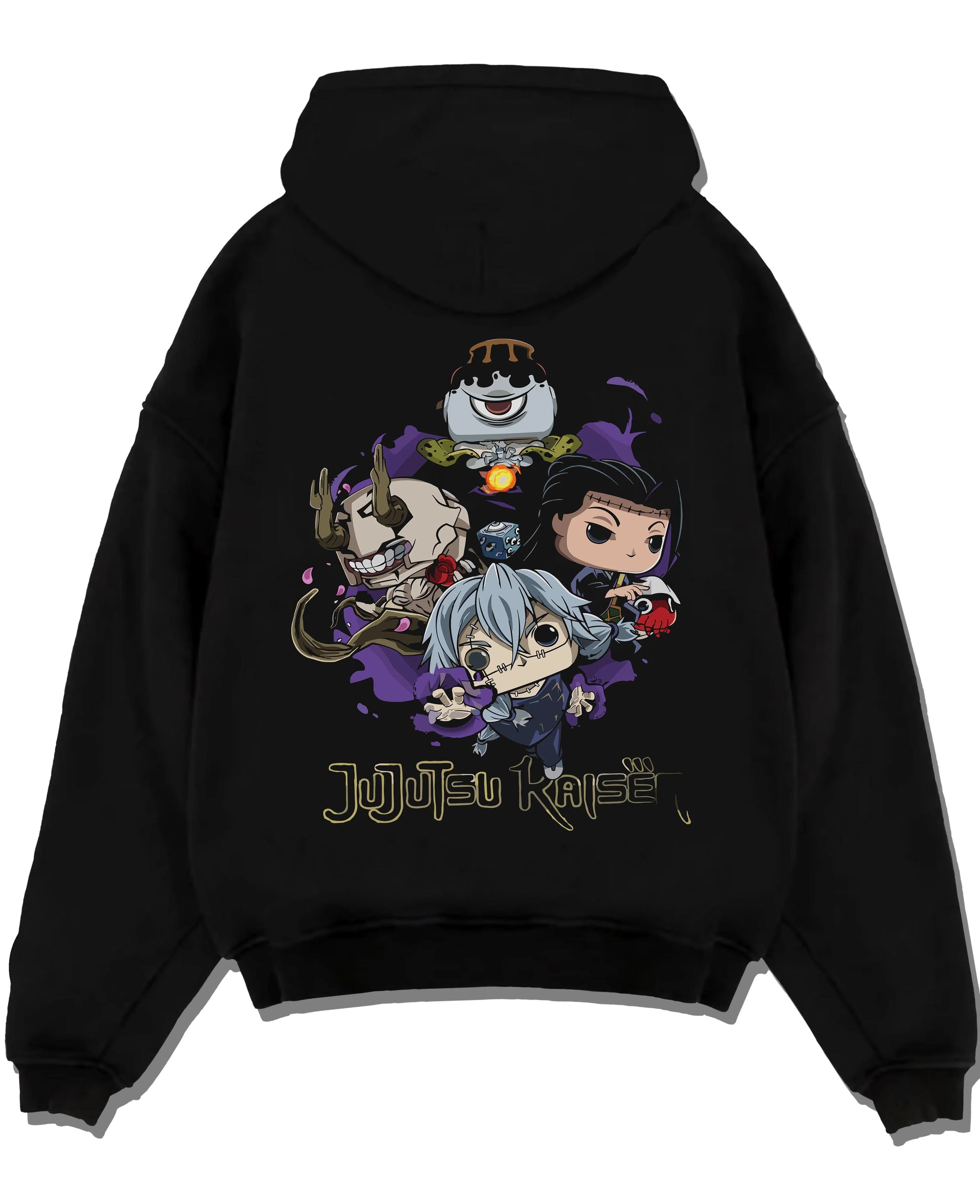 Black pullover hoodie laid flat with Jujutsu Kaisen Hoodie Pop Figure Set Gojo and Yuji graphic streetwear graphic.