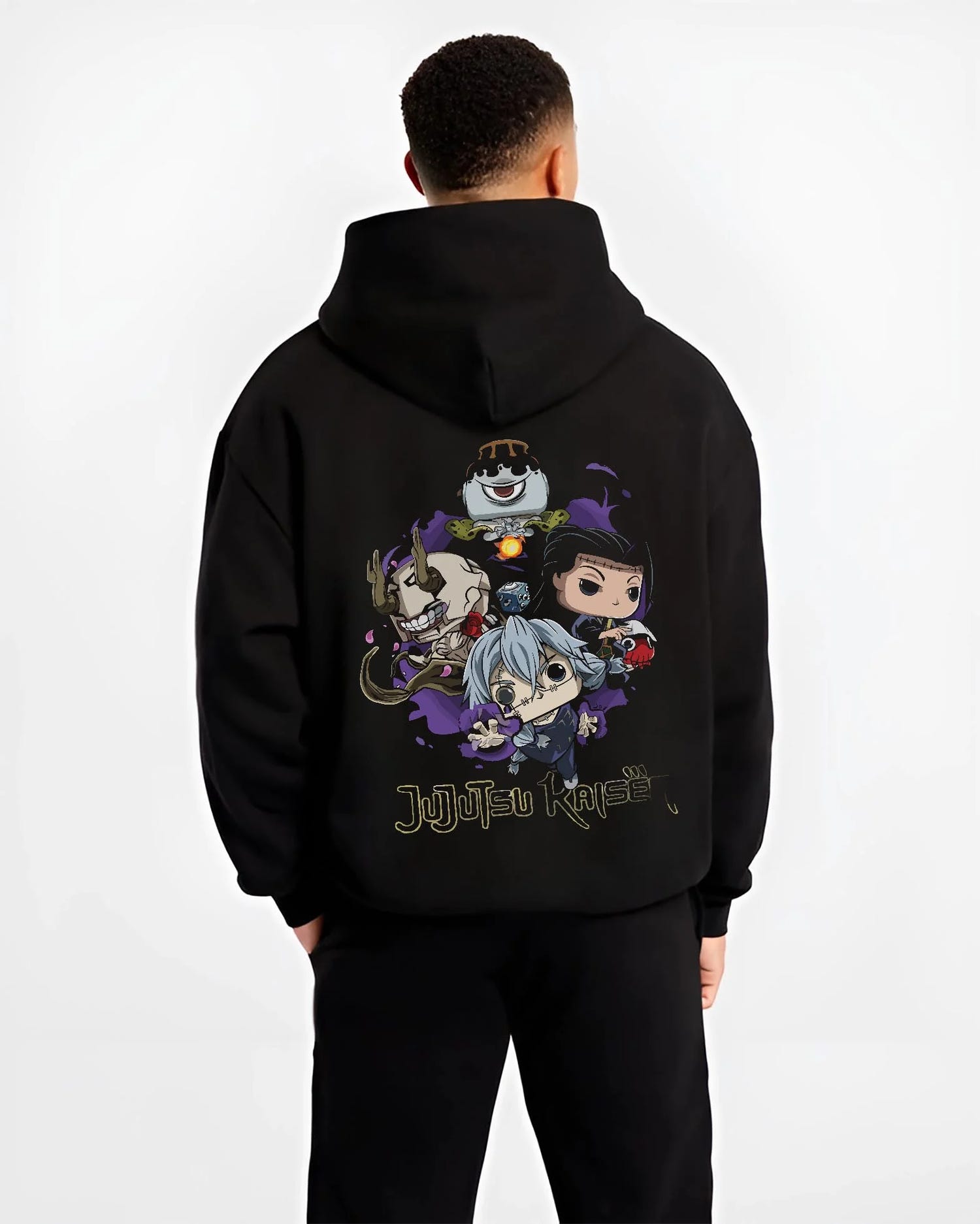 Black hoodie worn by male model, back view with Jujutsu Kaisen Hoodie Pop Figure Set Gojo and Yuji graphic premium wear.