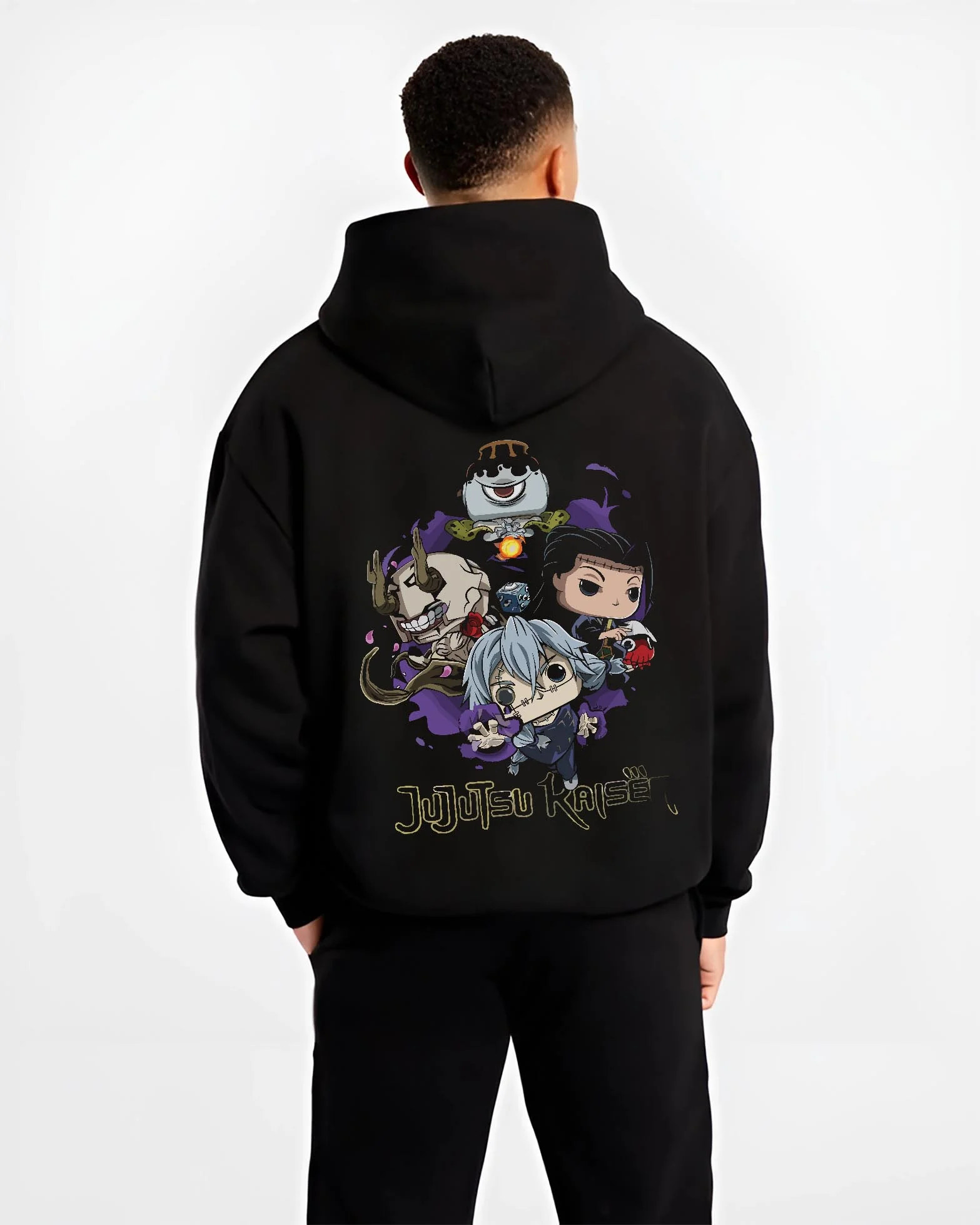Black hoodie worn by male model, back view with Jujutsu Kaisen Hoodie Pop Figure Set Gojo and Yuji graphic premium wear.