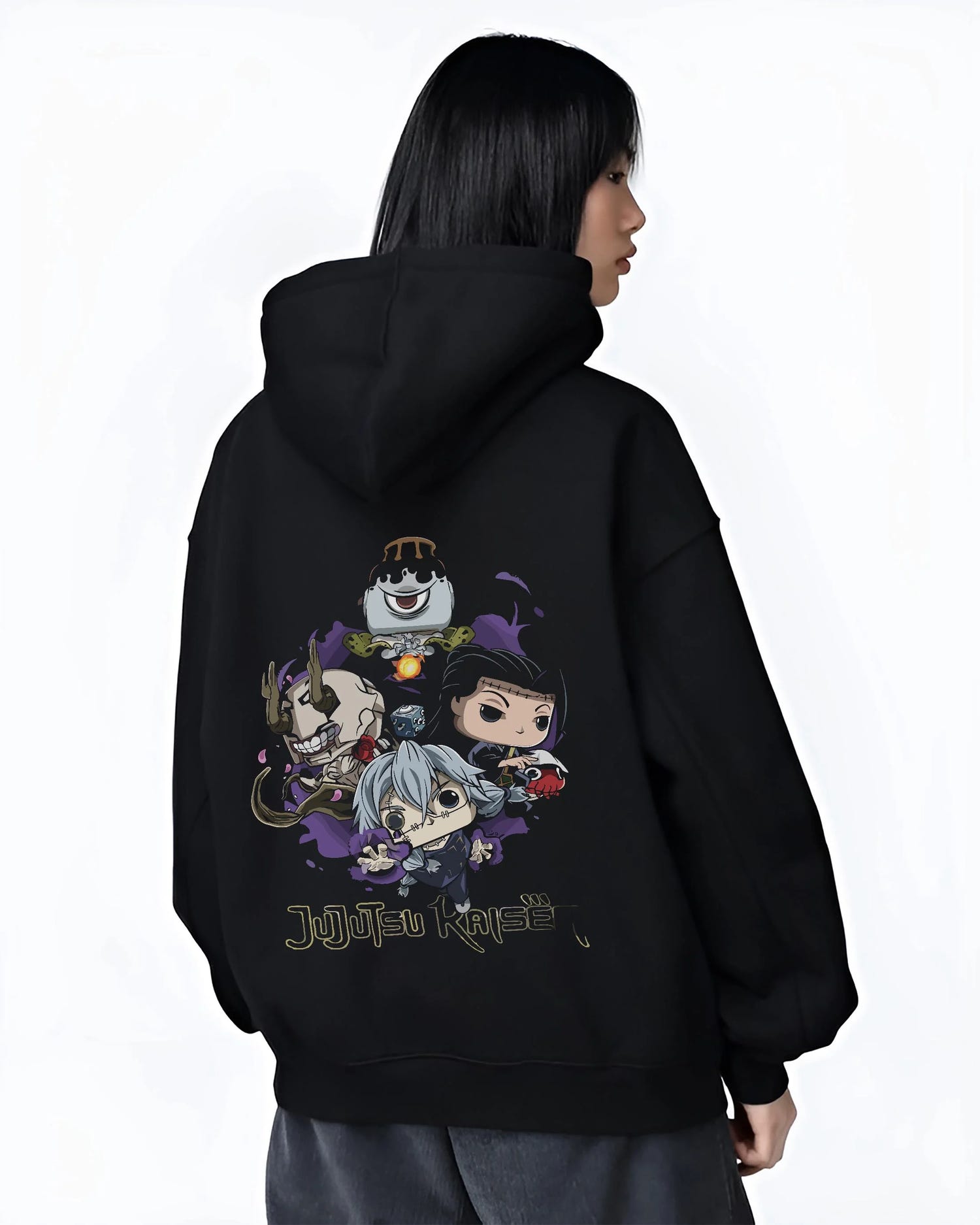 Black hoodie worn by female model, back view with Jujutsu Kaisen Hoodie Pop Figure Set Gojo and Yuji graphic bold anime graphic.
