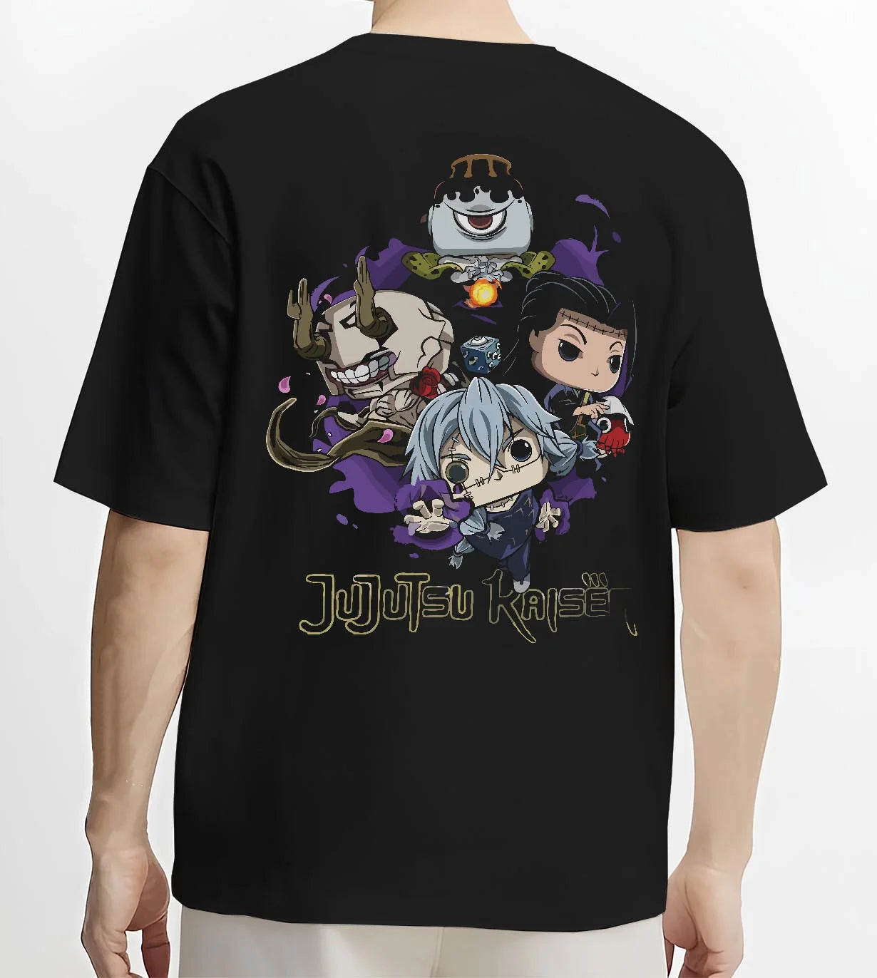 Black T-shirt worn by male model, back view with Jujutsu Kaisen Hoodie Pop Figure Set Gojo and Yuji graphic bold anime graphic.